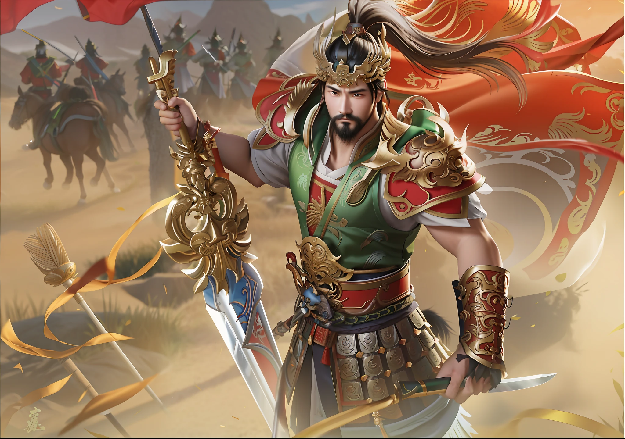 Close-up of a man holding a sword in a field, Guan yu, Inspired by Huang Shen, bian lian, zhao yun, Chinese Warrior, by Yang J, xianxia hero, inspired by Li Kan, son goku, Dynasty warriors, Inspired by Shen Zhou, heise jinyao, Inspired by Hu Zaobin, powerful warrior