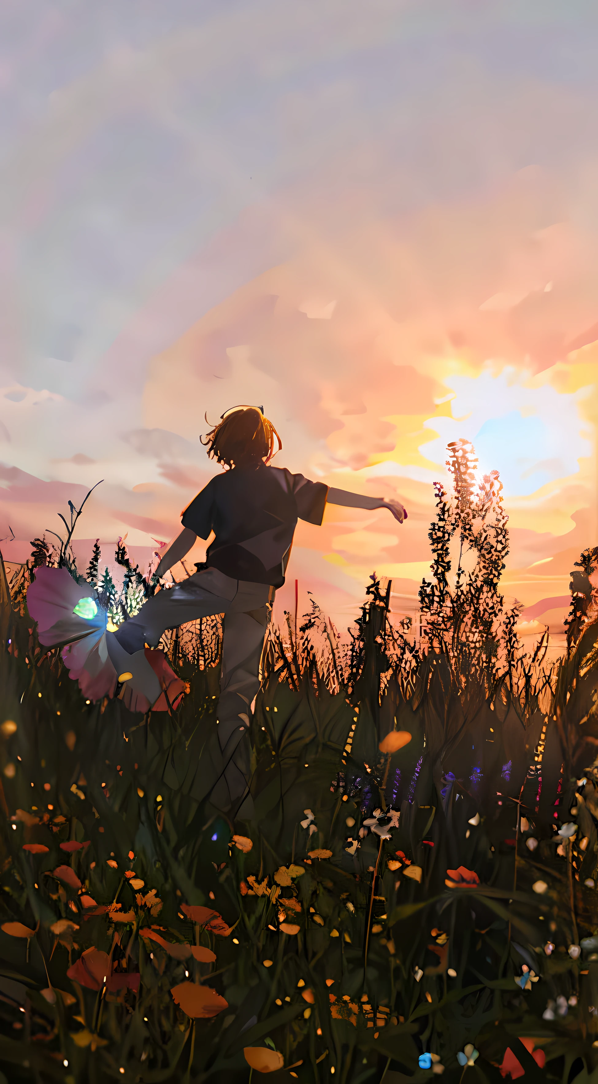 standing in a field, In the sunset, standing in the grass at sunset, With sunset, Long-haired boy dancing in a flower field, prime time, at the sunset, with a sunset, taken at golden hour, sun behind him, Boy with the sun, blocking the sun,