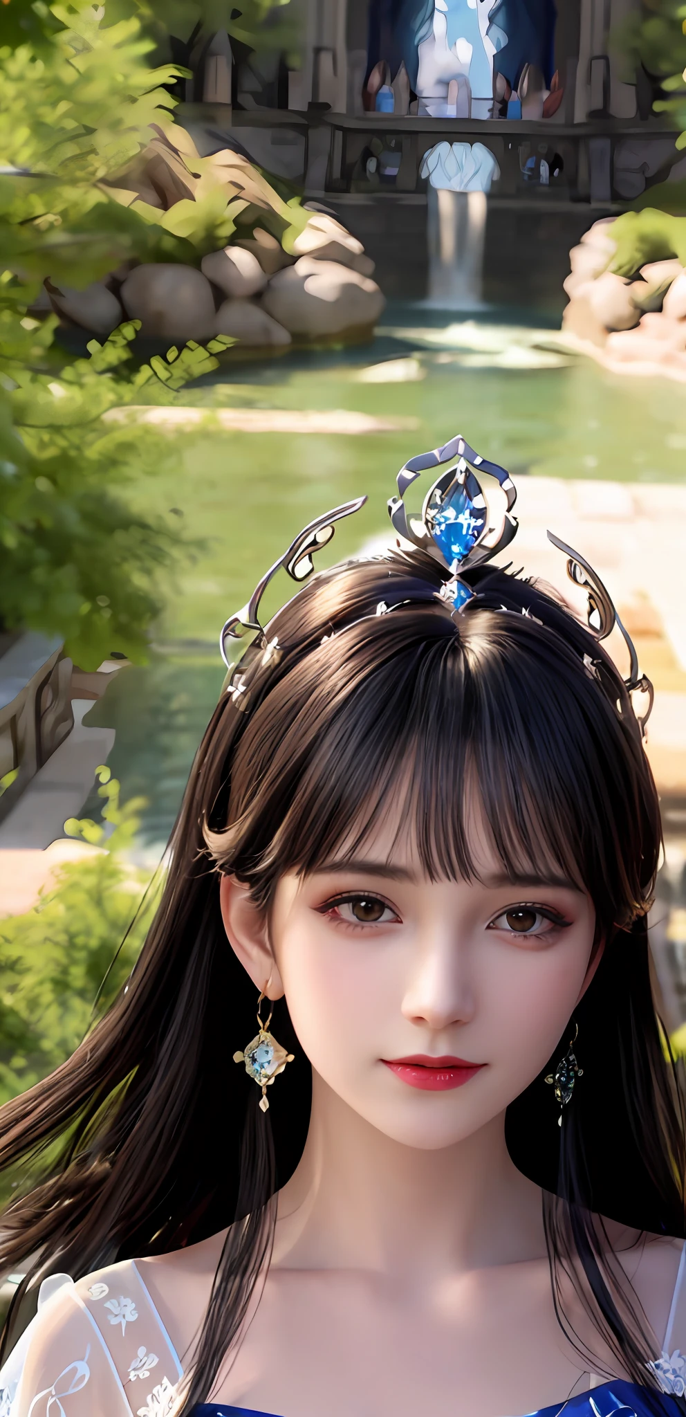 (realisticity: 1.2), best quality, 8K UHD, masterpiece, highres,cg,
1girl, queen, sitting on a super detailed royal throne, lud, xurious royal palace background, beautiful and detailed, super detailed long hair, wearing a beautiful and luxurious crown with diamonds and super detailed,

super detailed dress,
 solo, jewelry, super detailed red and blue dress,

, earrings, super detailed hairdo, splashing, the upper body is very super detailed, super detailed hair bun, super detailed black hair,
lighting,candid,Photograph,high resolution,4k,8k,Bokeh,
