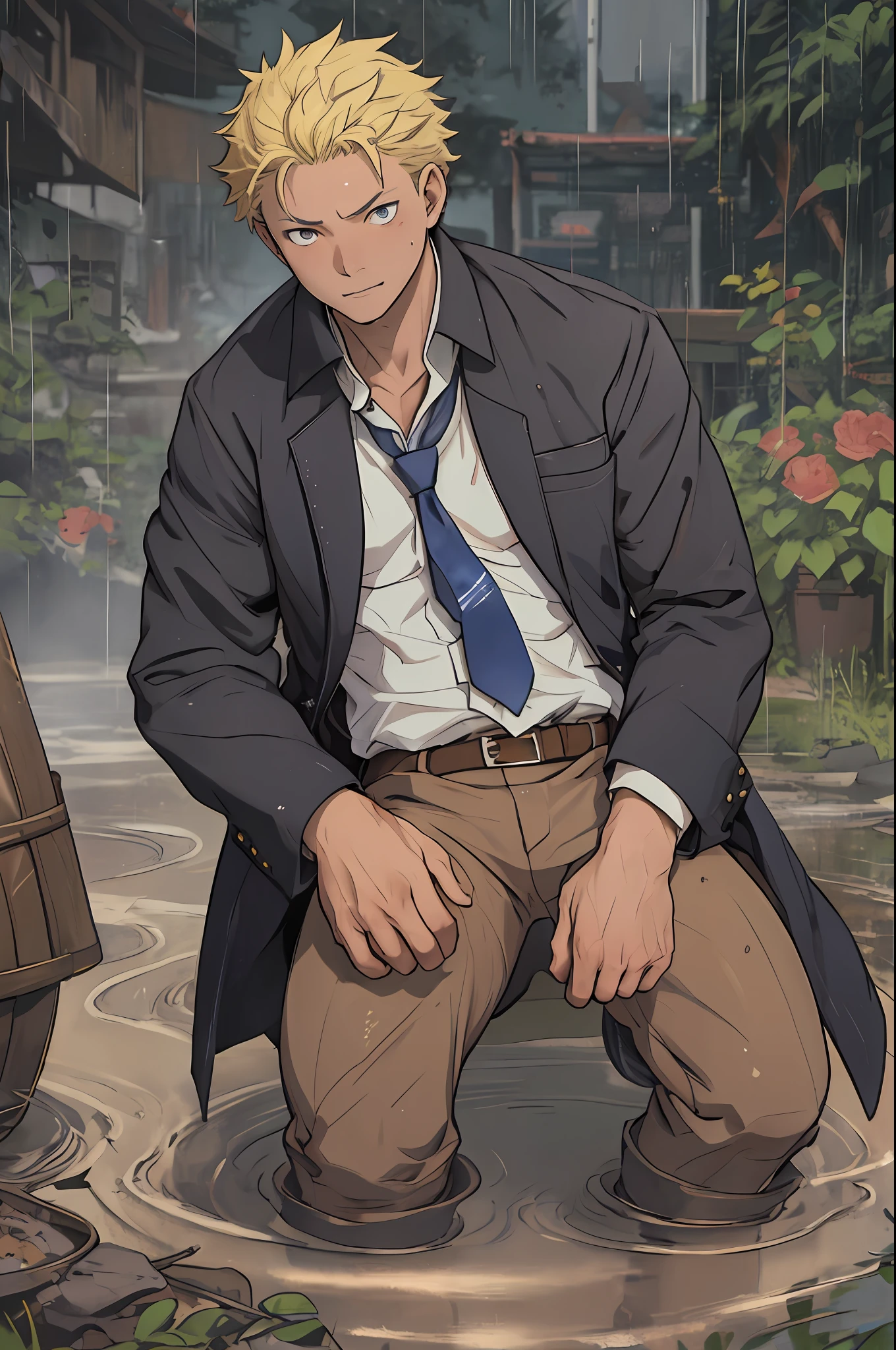 (1 Adult male),A high resolution, Sharp focus, Pixiv masterpiece, ((Complicated details)), highly detailed, natsuki_subaru, 1 man,Lying in the mud, Lazy,full bodyesbian, blue color eyes(eyes glowing), Short yellow hair,white shirt,Wear a tie,Wear a belt,perspire,rain,Drenched,Sweaty crotch,look from down
