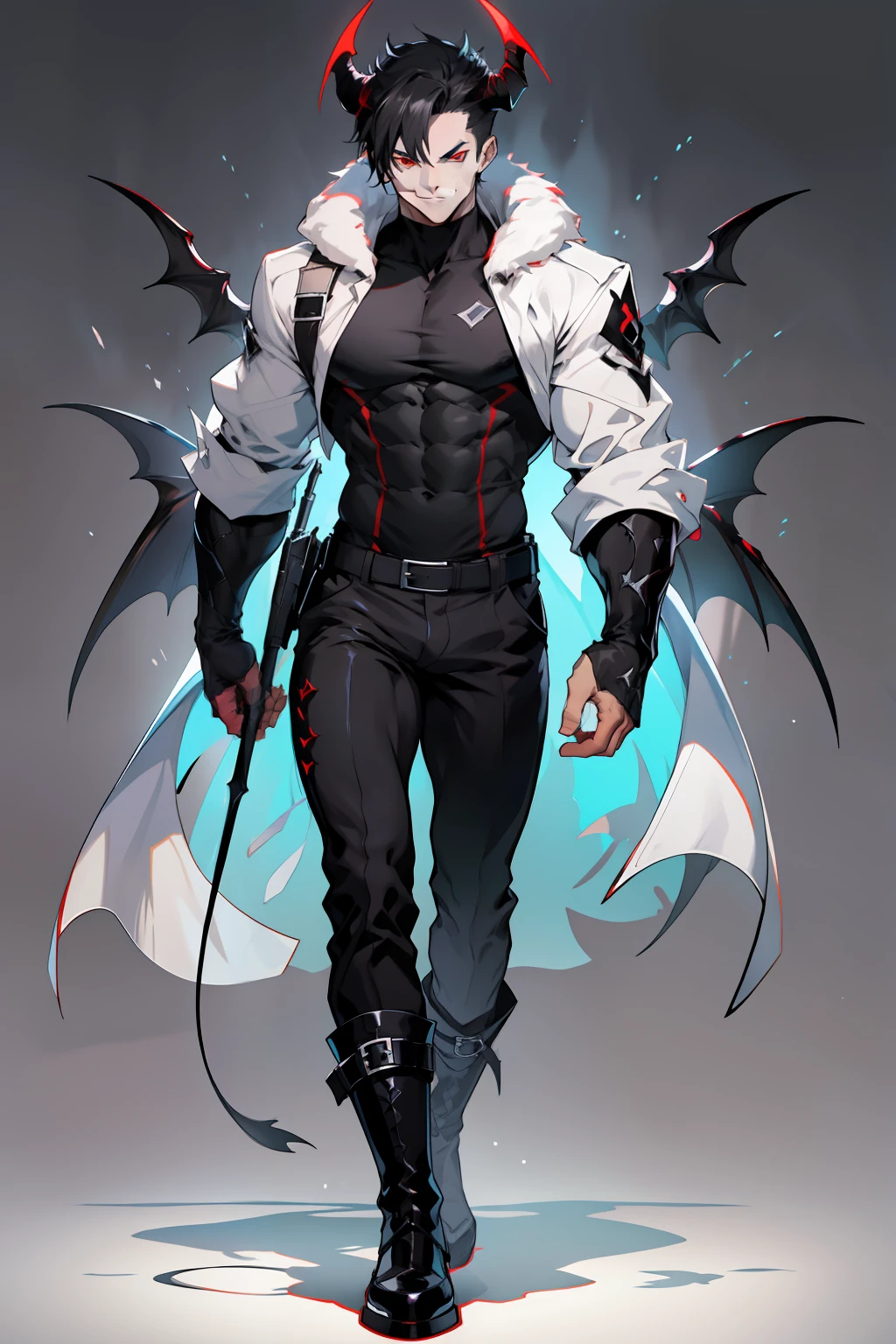 Valus is an ordinary demon standing at 1.75m tall. He has short black hair and red eyes. His skin is pale. He wears a black uniform with a white shirt underneath and black boots. Big bulge in pants. Flirty smile