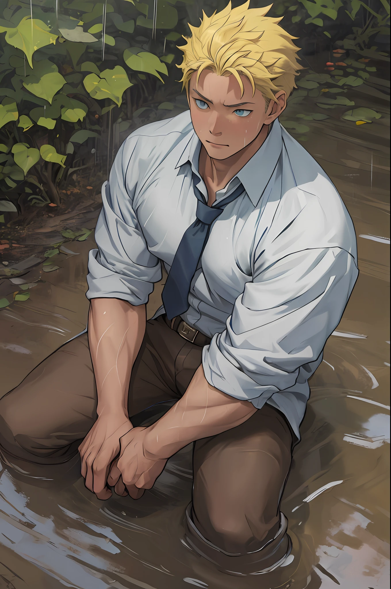 (1 Adult male),A high resolution, Sharp focus, Pixiv masterpiece, ((Complicated details)), highly detailed, natsuki_subaru, 1 man,Lying in the mud, Lazy,full bodyesbian, blue color eyes(eyes glowing), Short yellow hair,white shirt,Wear a tie,Wear a belt,perspire,rain,Drenched,Sweaty crotch,look from down