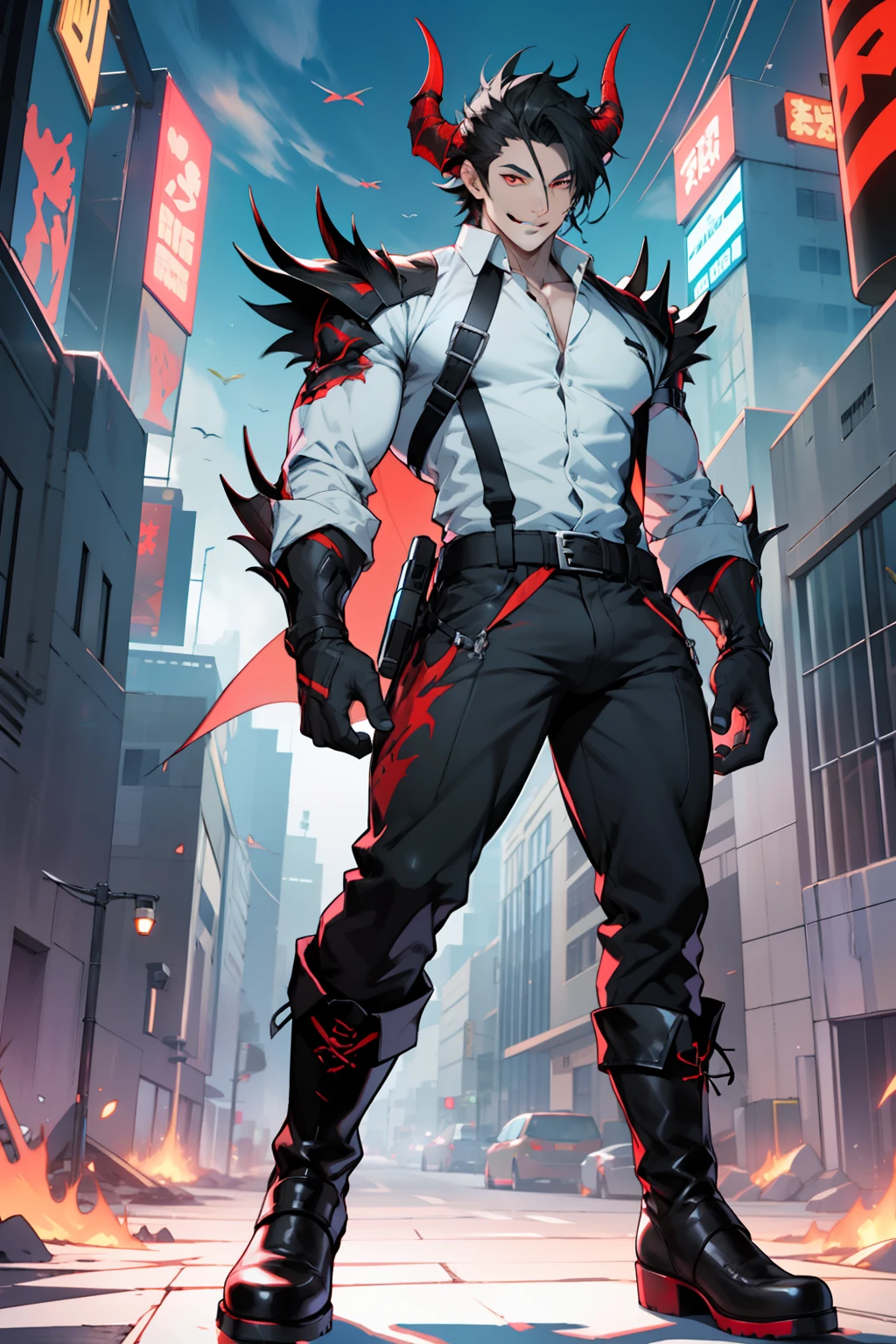 Valus is an ordinary demon standing at 1.75m tall. He has short black hair and red eyes. His skin is pale. He wears a black uniform with a white shirt underneath and black boots. Big bulge in pants. Flirty smile
