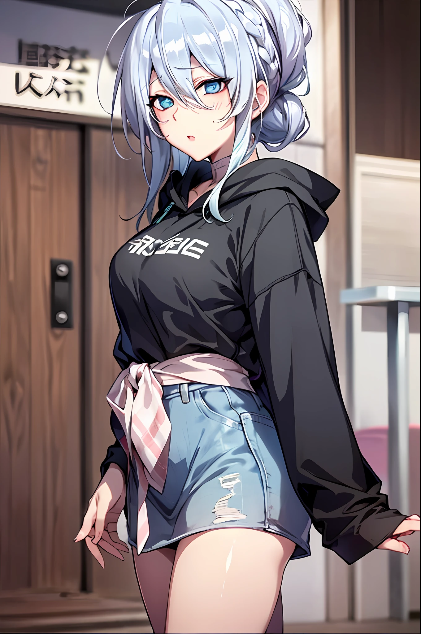 Yukino, Silver hair and eyes in a black hoodie, anime visual of a cute girl, screenshot from the anime film, & her expression is solemn, ahegao face, in the anime film, in an anime, anime visual of a young woman, she has a cute expressive face, still from anime