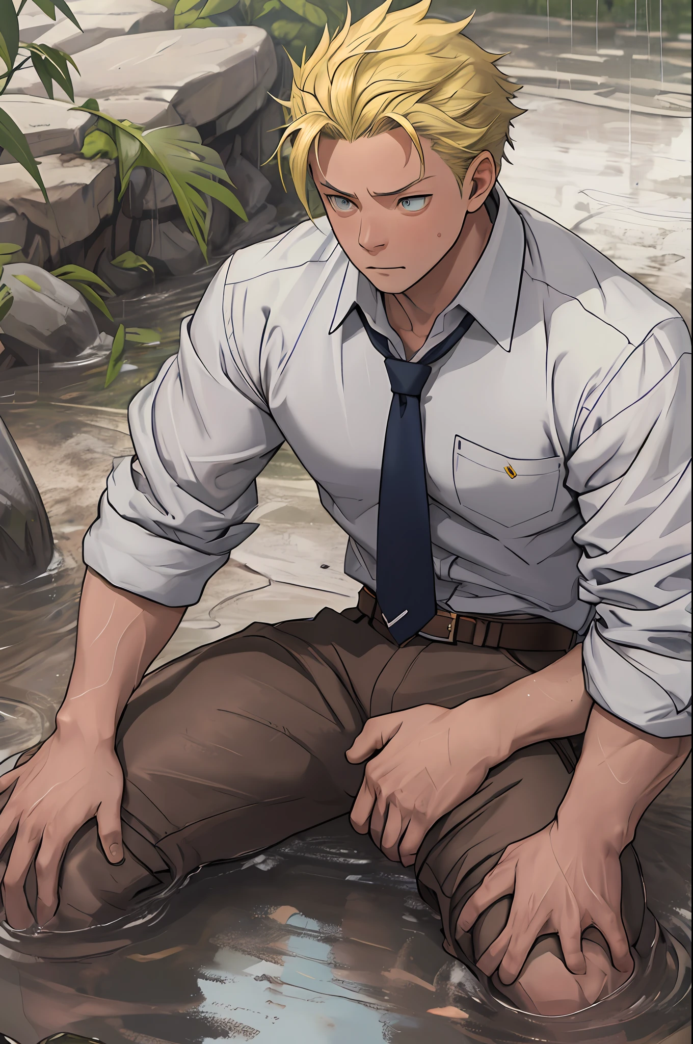 (1 Adult male),A high resolution, Sharp focus, Pixiv masterpiece, ((Complicated details)), highly detailed, natsuki_subaru, 1 man,Lying in the mud, Lazy,full bodyesbian, blue color eyes(eyes glowing), Short yellow hair,white shirt,Wear a tie,Wear a belt,perspire,rain,Drenched,Sweaty crotch,look from down