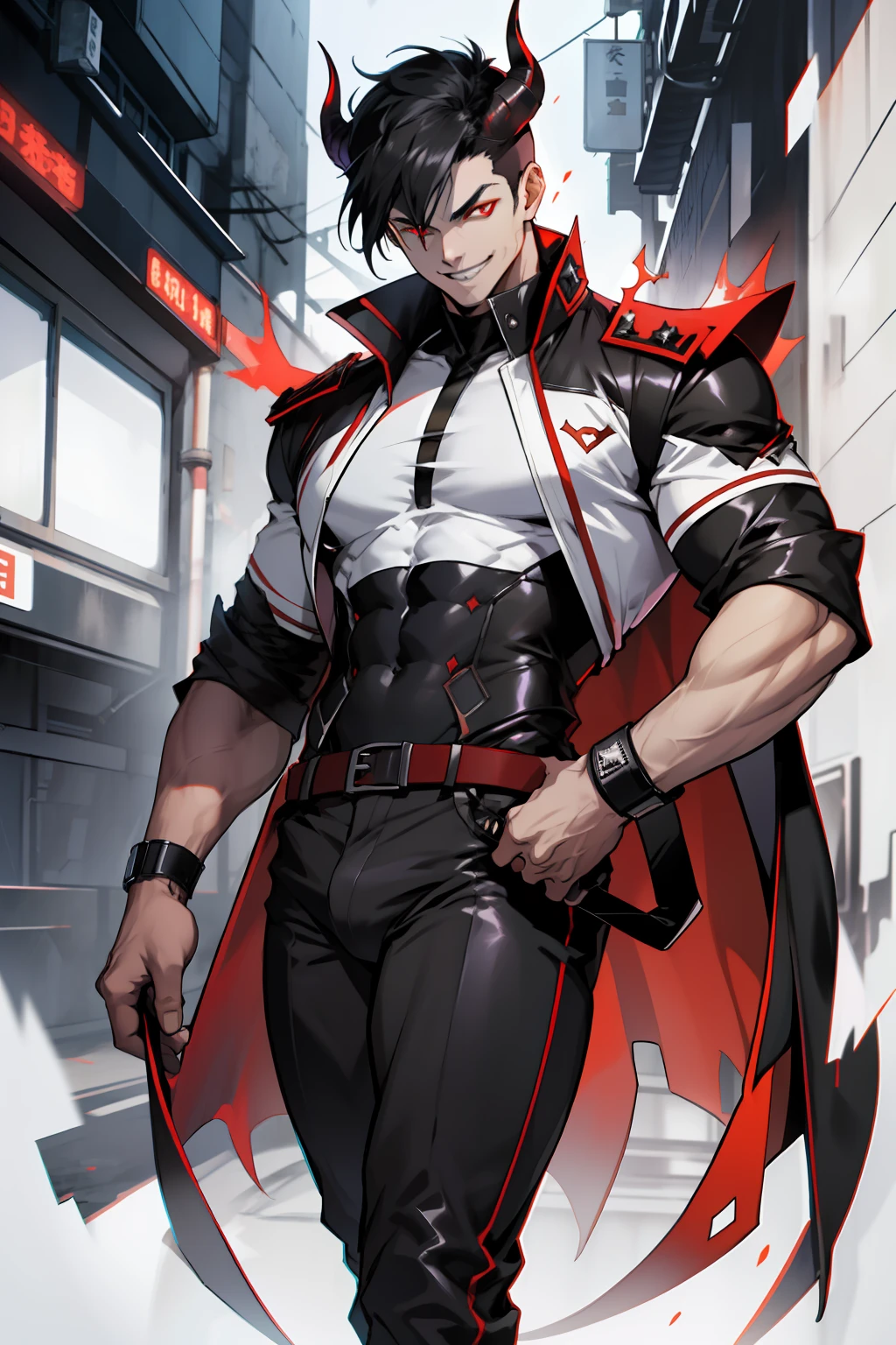 Valus is an ordinary demon standing at 1.75m tall. He has short black hair and red eyes. His skin is pale. He wears a black uniform with a white shirt underneath and black boots. Big bulge in pants. Flirty smile