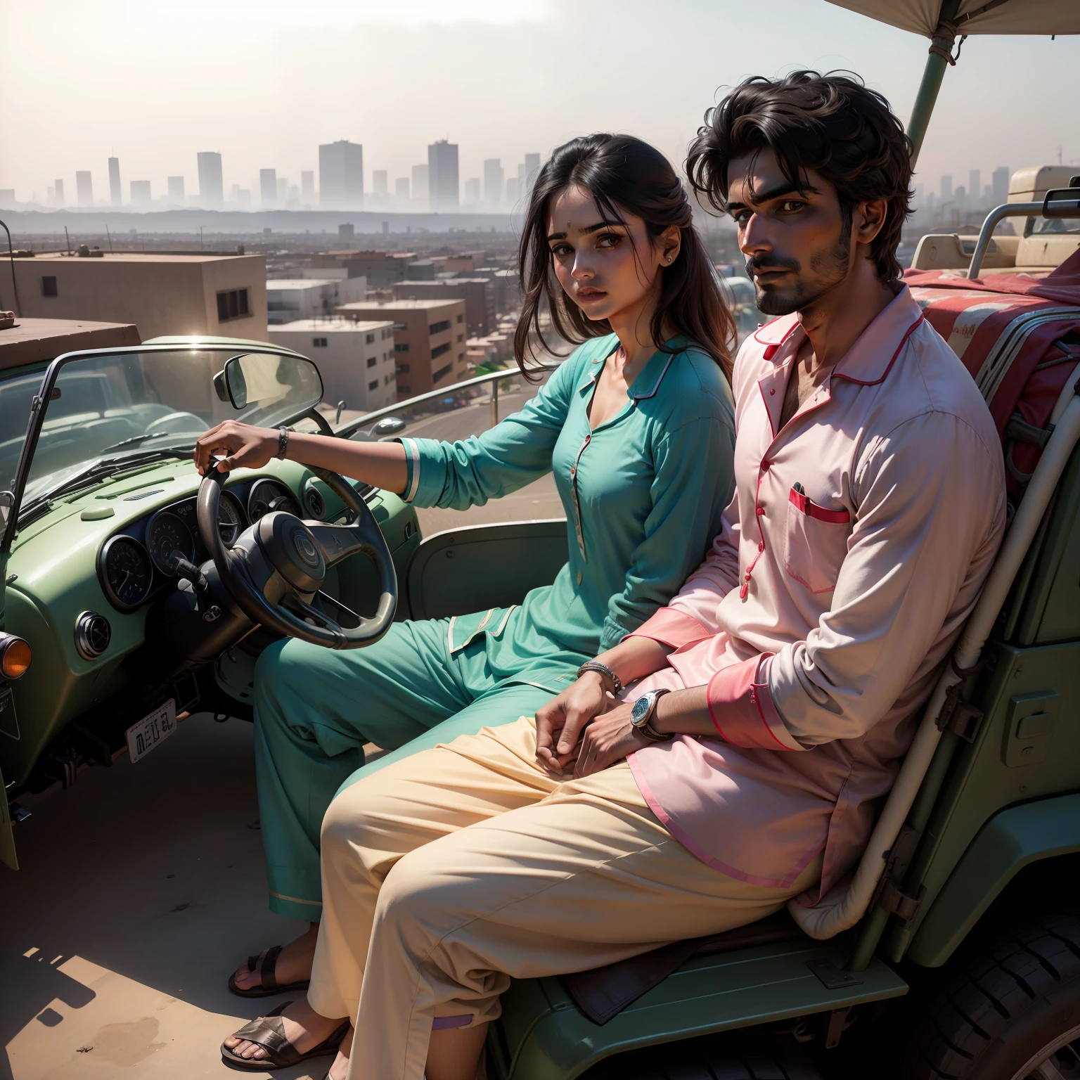 Indian handsome man in punjabi kudta pyjama, sitting on a jeep with pisol in hand ,city background,  Young women standing next to him,