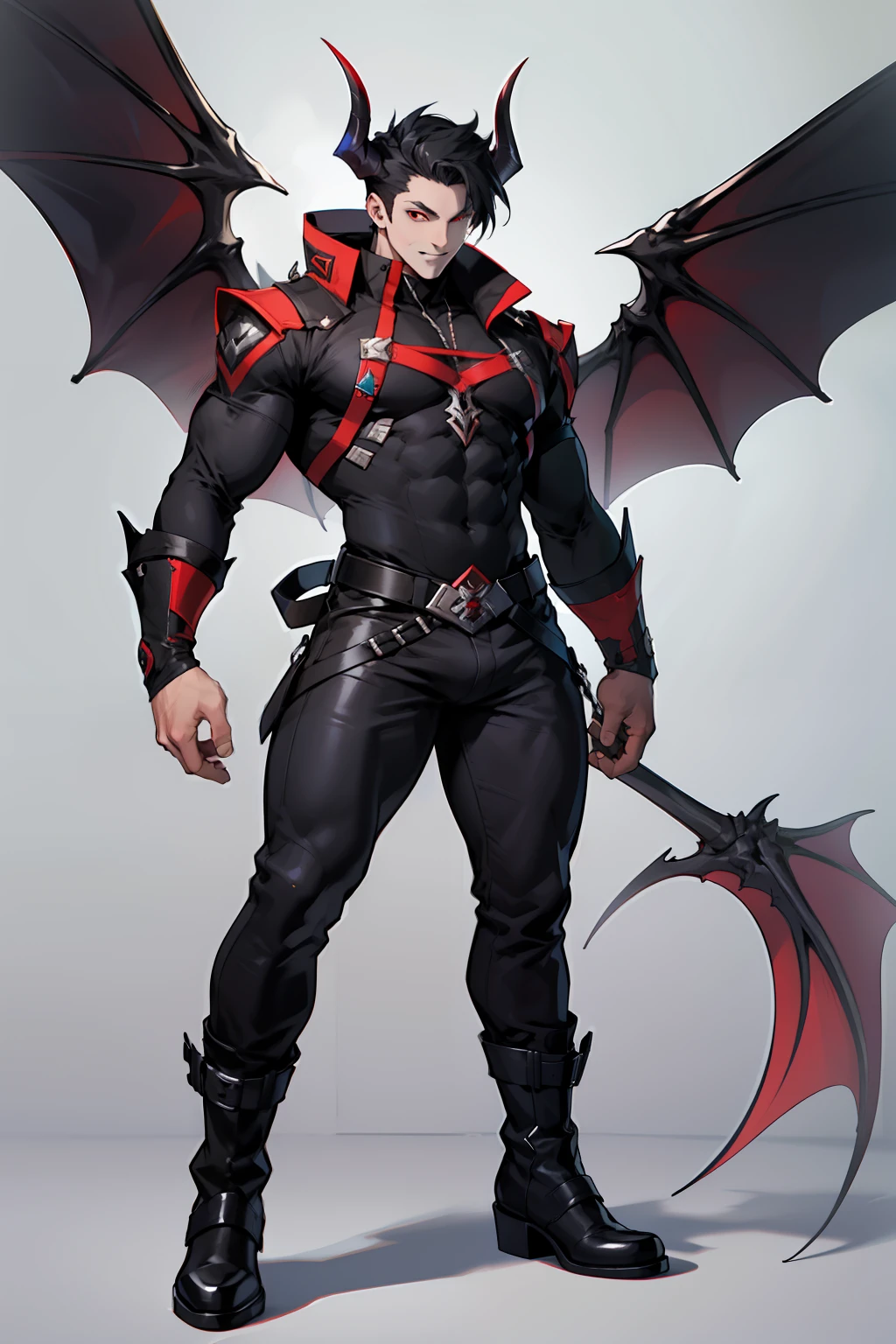 Valus is an ordinary demon standing at 1.75m tall. He has short black hair and red eyes. His skin is pale. He wears a black uniform with a white shirt underneath and black boots. Big bulge in pants. Flirty smile