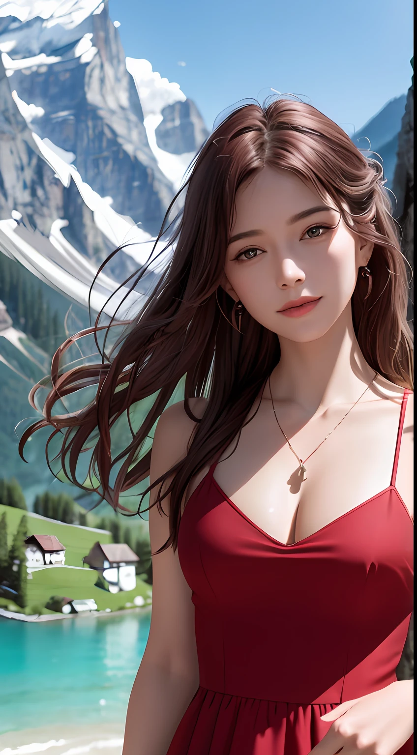 masterpiece,ultra realistic,32k,extremely detailed CG unity 8k wallpaper, best quality,
The Swiss Alps, Switzerland, ( Dark red A-line dress ) ,((spring day )), Beachy waves with a side part ,eardrop,lady ,necklace,