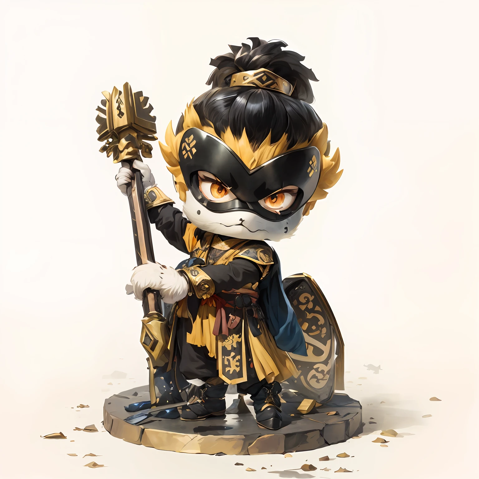 male people，Male characters，tchibi，Bad，Armed mace，Mace weapons，Ancient Chinese weapons，The handle has a delicate pattern，Shoulder blades，metal breastplate，chainmail，Animal pattern cuirass，chest plate，Bracers，Flowing hem，China-style，Chinese-style clothing，Chinese shoes，There are beautiful patterns on the weapon grips，ultra-realistic realism，anaglyph，stereograms，Fine painting，Refinement，infinite details，high definition detail，Patterned，Pattern，Blank background，Bright colors，Metal edging