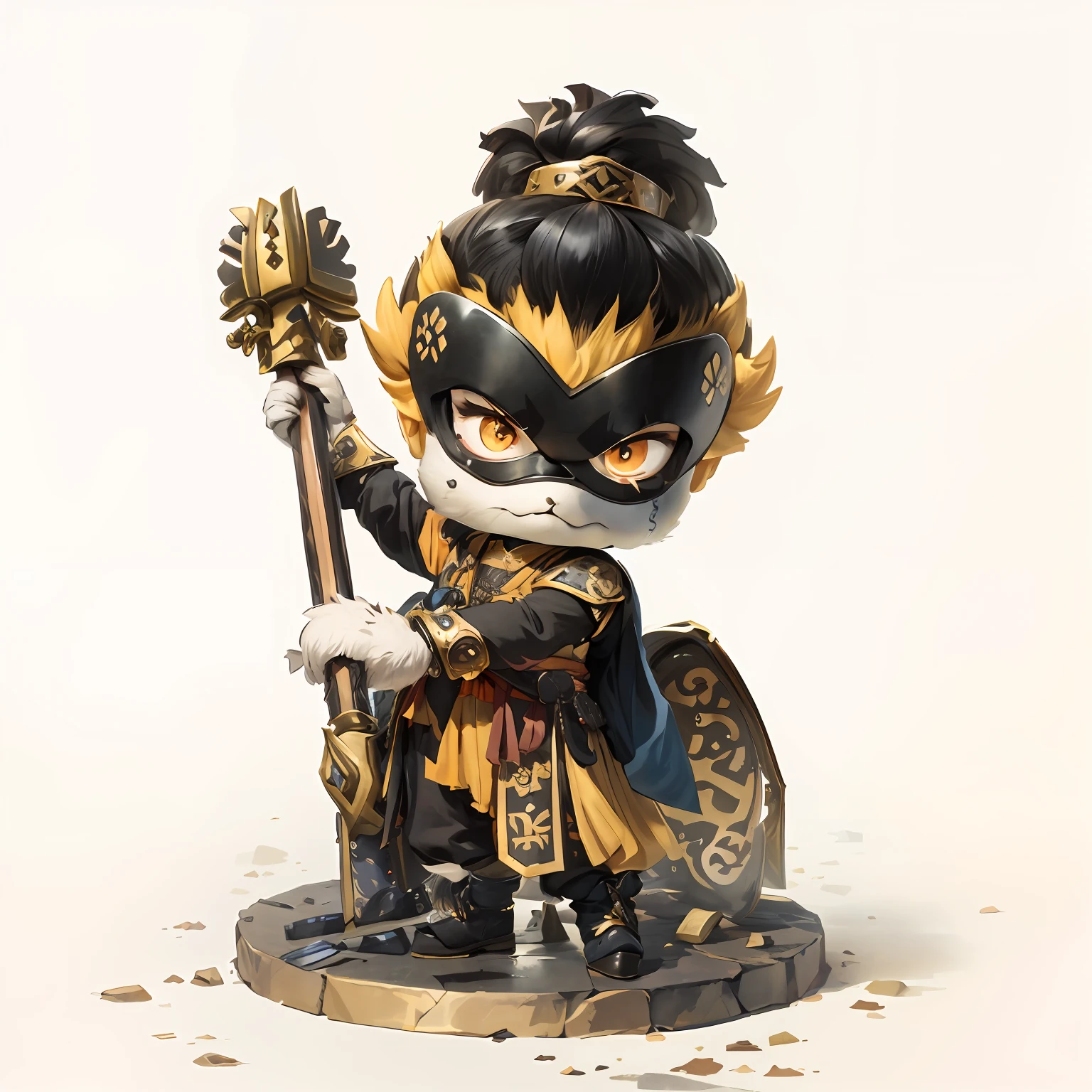 male people,Male characters,tchibi,Bad,Armed mace,Mace weapons,Ancient Chinese weapons,The handle has a delicate pattern,Shoulder blades,metal breastplate,chainmail,Animal pattern cuirass,chest plate,Bracers,Flowing hem,China-style,Chinese-style clothing,Chinese shoes,There are beautiful patterns on the weapon grips,ultra-realistic realism,anaglyph,stereograms,Fine painting,Refinement,infinite details,high definition detail,Patterned,Pattern,Blank background,Bright colors,Metal edging