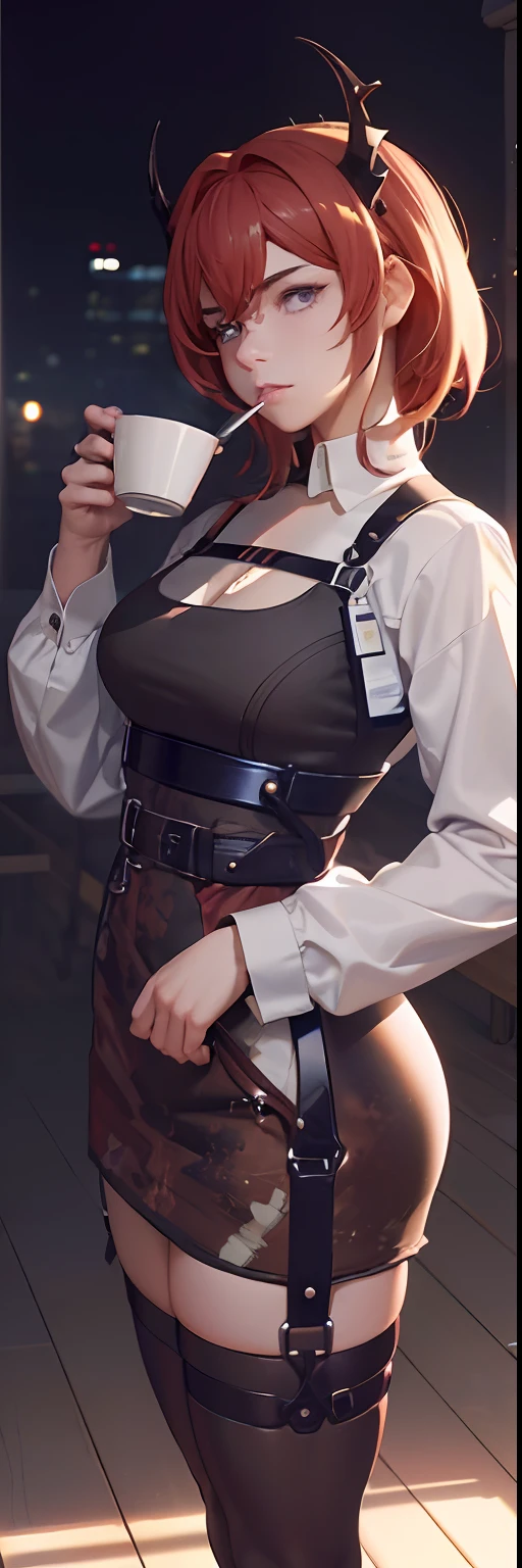 1人，A 16-year-old muscular woman，Wear a long-sleeved white shirt and tie，drinking a coffee，gentlesoftlighting，tmasterpiece，best qualtiy，8K  UHD，digital SLR camera，filmgrain，Fujifilm XT3 The art of realistic painting，Composed by Midjourney and Greg Rutkowski