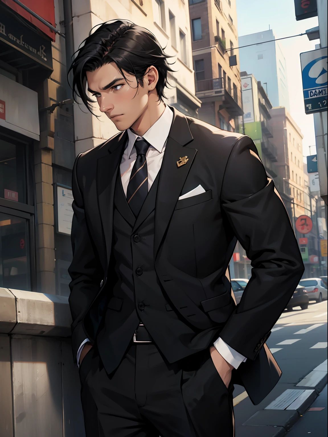 of a guy,Suit attire,Black hair,Mighty,sitted,In the daytime,