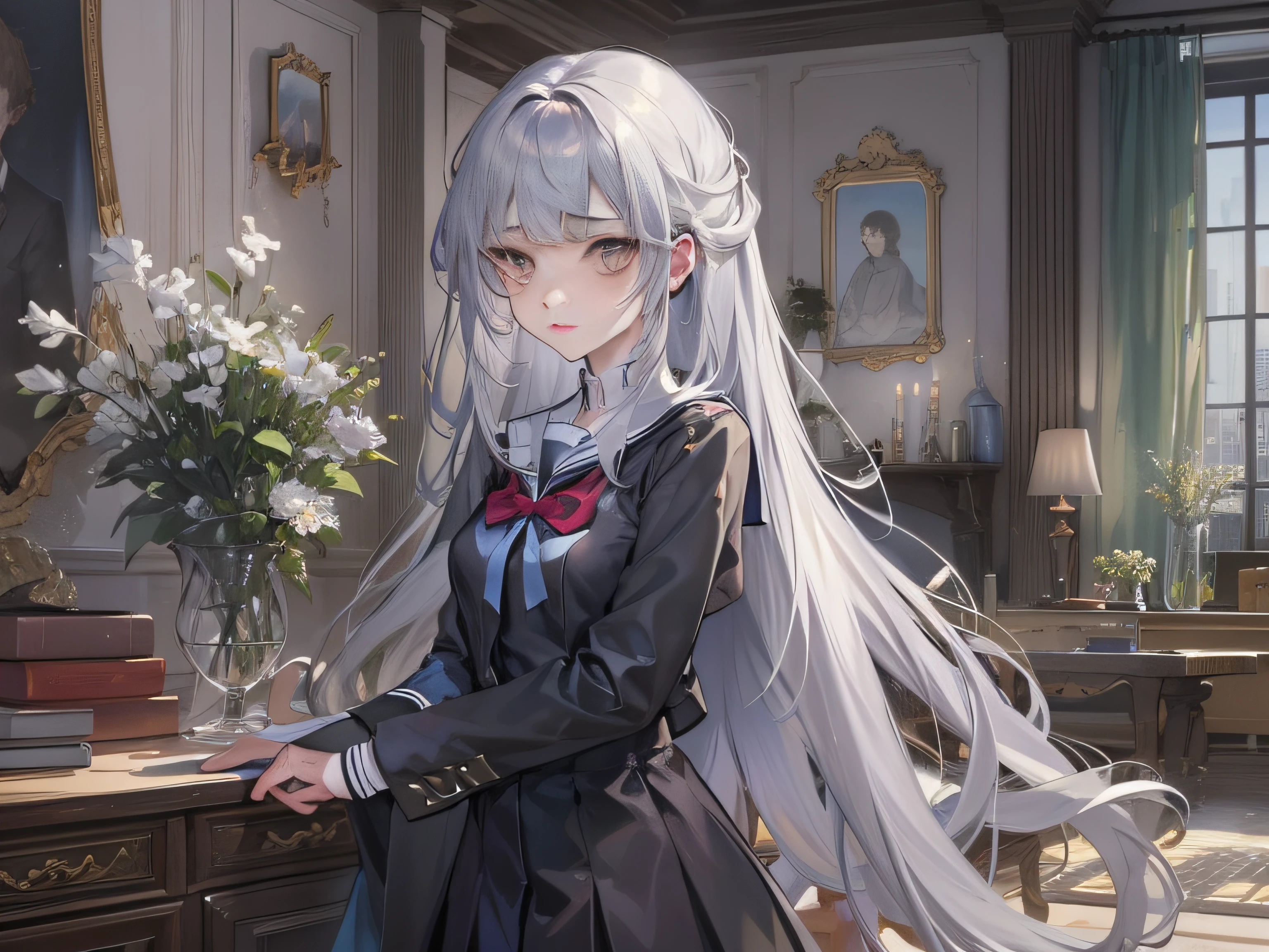 An 18-year-old girl with long silver hair and a school uniform,A touch of sadness,Upper body display,Inside the living room,grand master,tmasterpiece,4k,Ultra-high image quality。