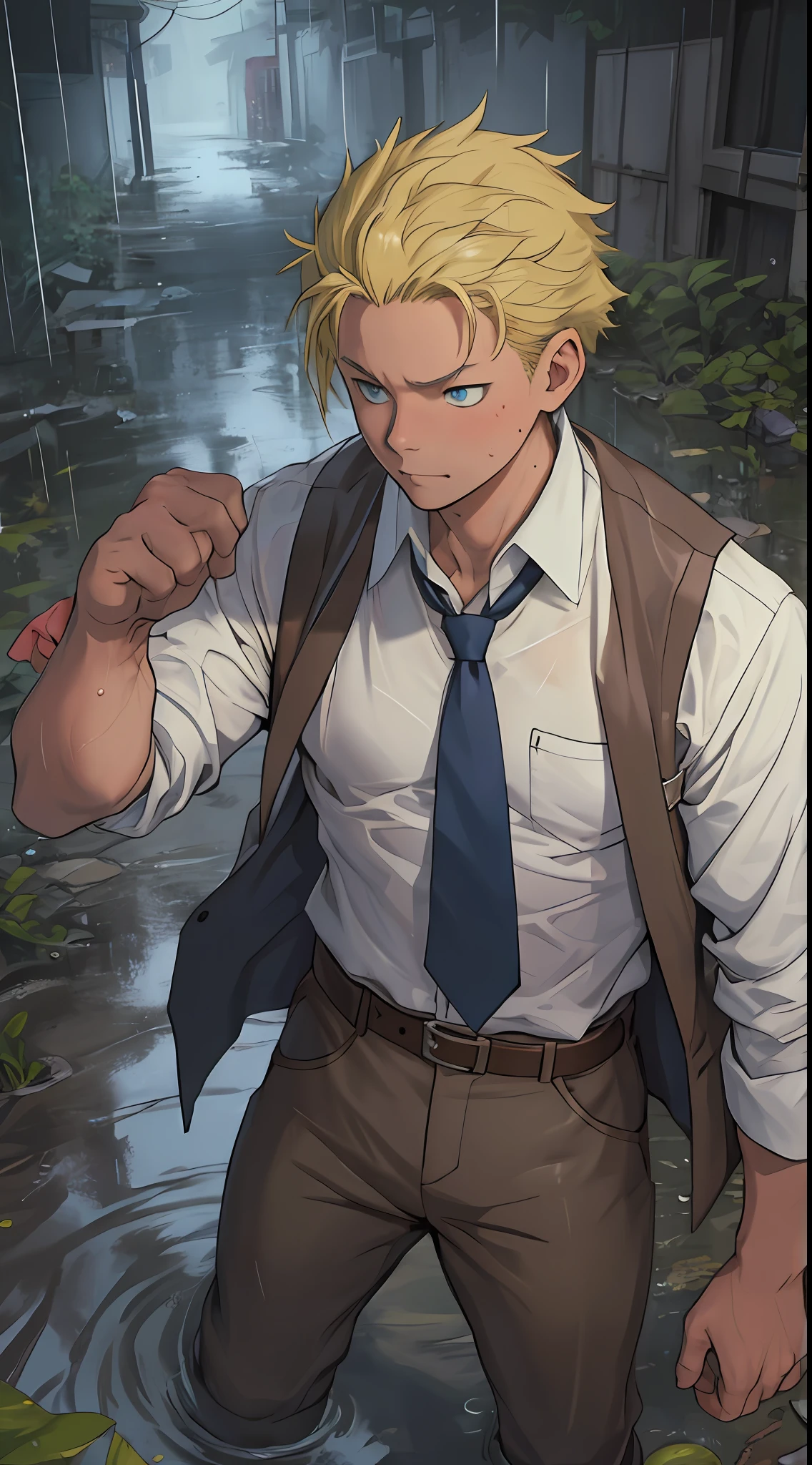 (1 Adult male),A high resolution, Sharp focus, Pixiv masterpiece, ((Complicated details)), highly detailed, natsuki_subaru, 1 man,Lying in the mud, Lazy,full bodyesbian, blue color eyes(eyes glowing), Short yellow hair,white shirt,Wear a tie,Wear a belt,perspire,rain,Drenched,Sweaty crotch,look from down