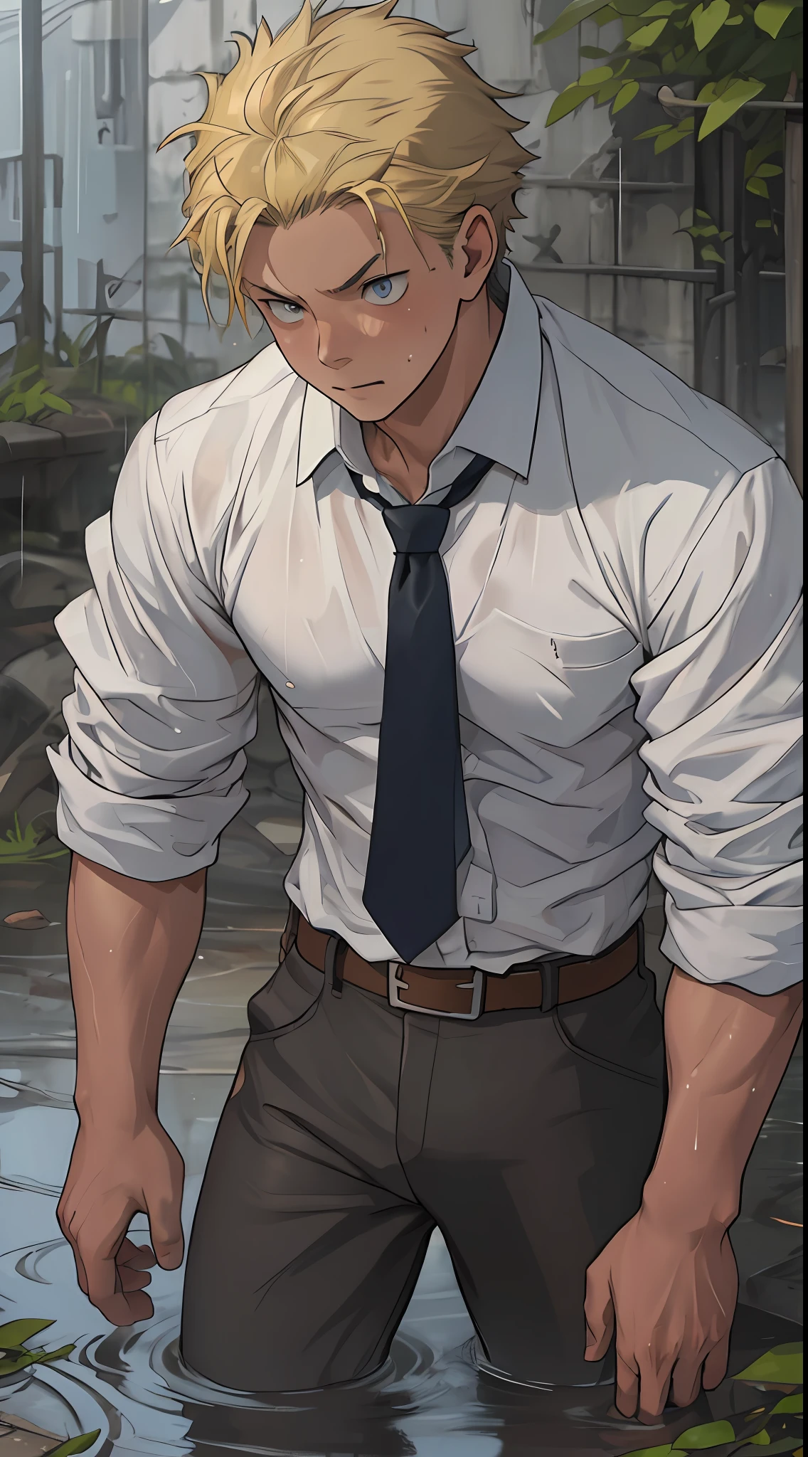 (1 Adult male),A high resolution, Sharp focus, Pixiv masterpiece, ((Complicated details)), highly detailed, natsuki_subaru, 1 man,Lying in the mud, Lazy,full bodyesbian, blue color eyes(eyes glowing), Short yellow hair,white shirt,Wear a tie,Wear a belt,perspire,rain,Drenched,Sweaty crotch,look from down