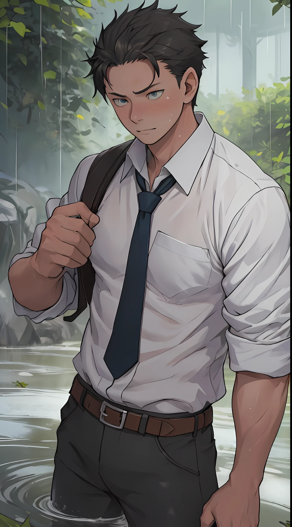 （1 Adult male），A high resolution， Sharp focus， Pixiv masterpiece， （（Complicated details））， highly  detailed， natsuki_subaru， 1 man，Lying in the mud， Lazy，full bodyesbian， blue color eyes（eyes glowing）， Short yellow hair，white  shirt，Wear a tie，Wear a belt，perspire，rain，Drenched，Sweaty crotch，look from down