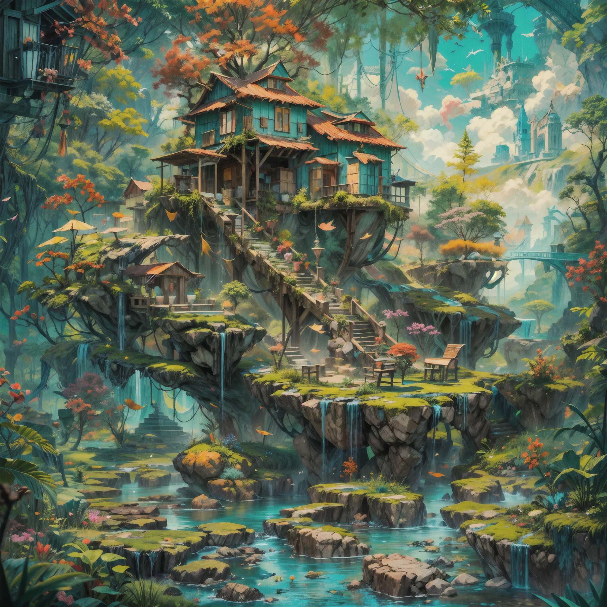 A mystical isle surrounded by turquoise waters, ancient structures adorned with vibrant moss and flowers, shimmering and glowing in the sunlight as if alive. BREAK ultrafine hyperdetailed artwork, stylized and well-balanced, aesthetic beauty, captivating, attention-grabbing, cerebral, abstract, illusionism, vibrant, vivid, visually appealing, matte, [glitch art], understated, auto-destructive, regenerative art, beautifully colored, captivating, dynamic, depth and energy.