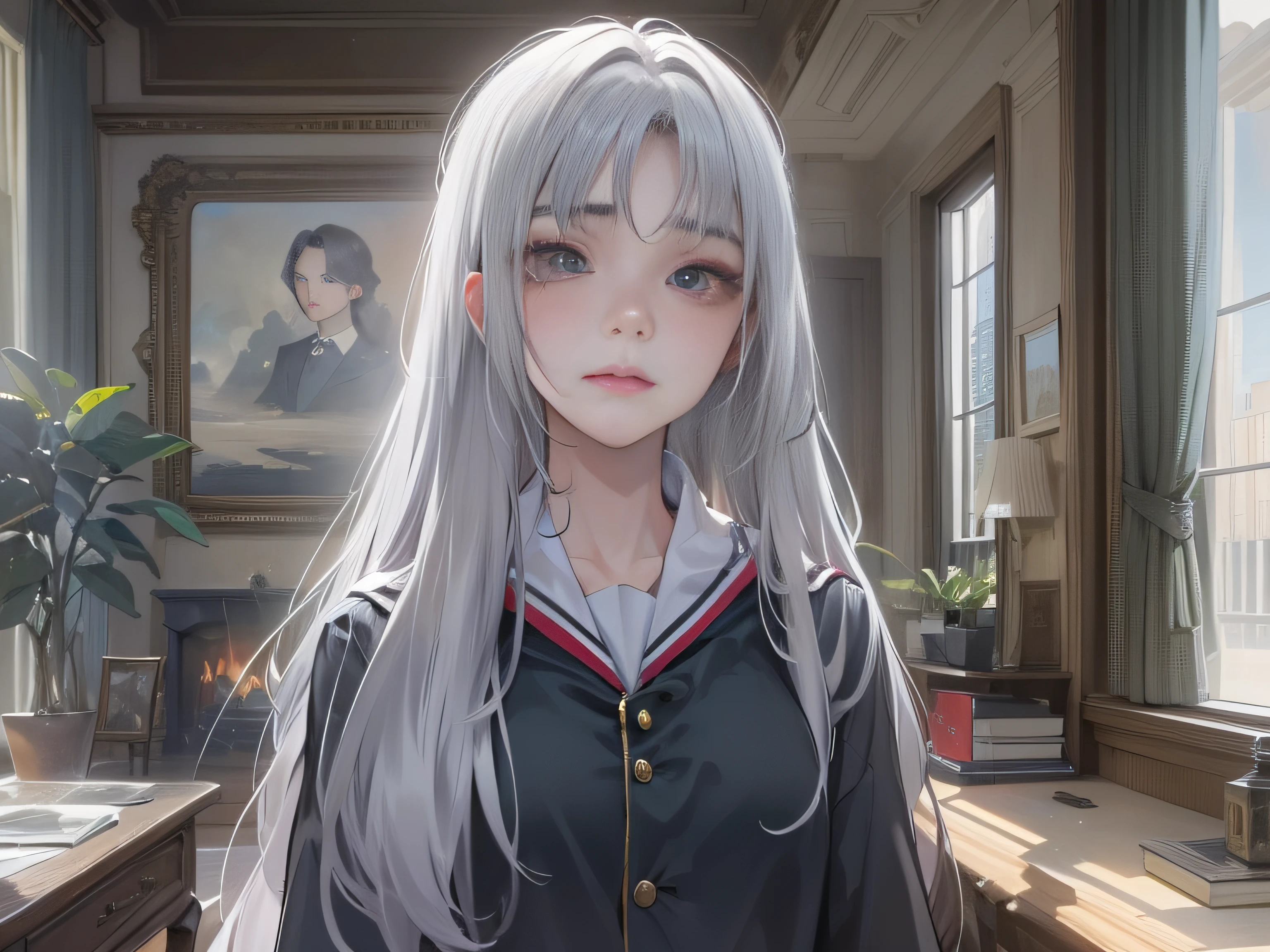An 18-year-old girl with long silver hair and a school uniform,A touch of sadness,Upper body display,Inside the living room,grand master,tmasterpiece,4k,Ultra-high image quality。