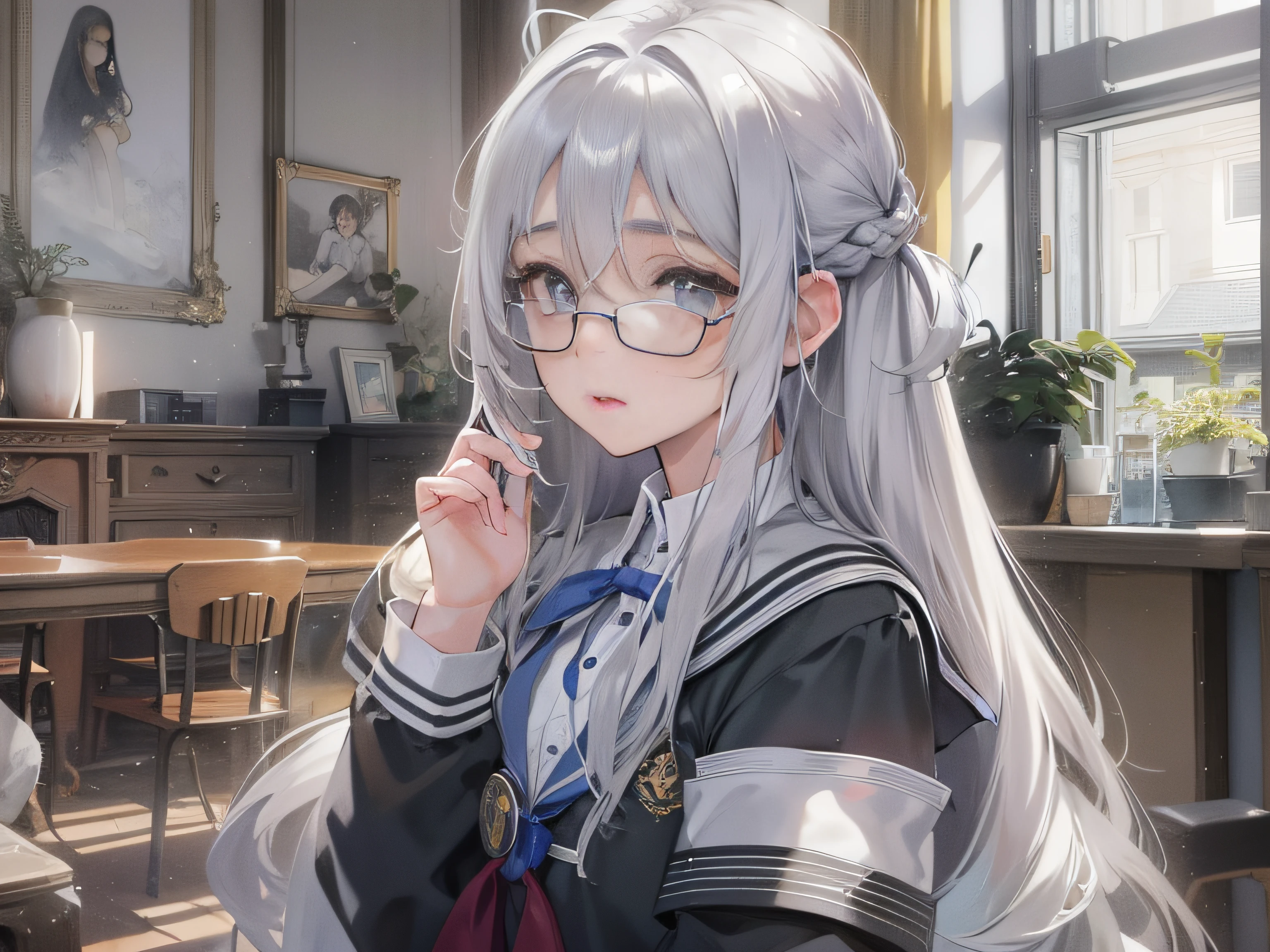 An 18-year-old girl with long silver hair and a school uniform,A touch of sadness,Upper body display,Inside the living room,grand master,tmasterpiece,4k,Ultra-high image quality。