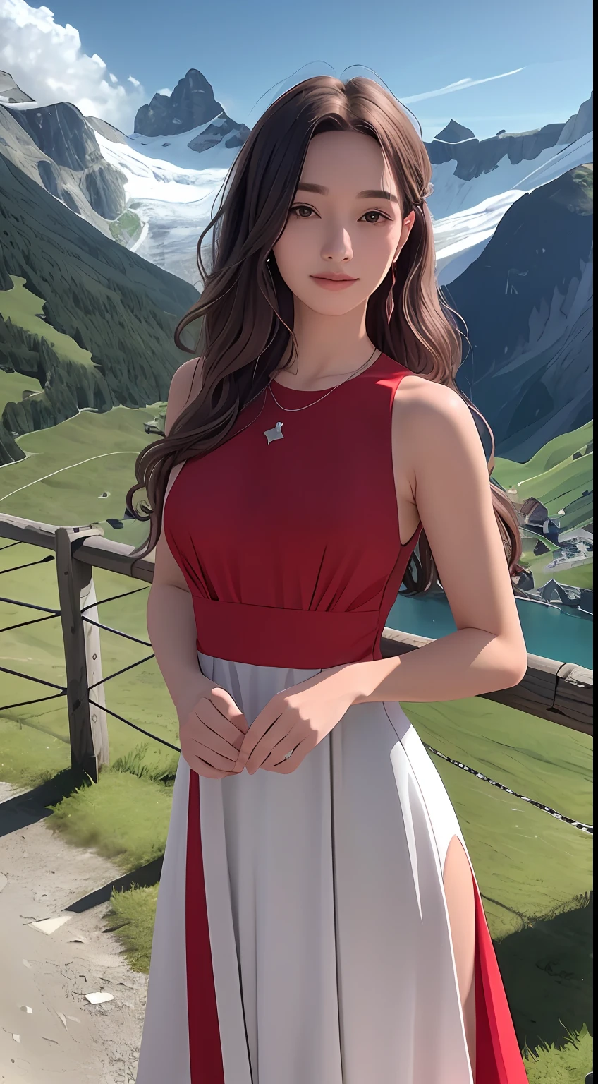 masterpiece,ultra realistic,32k,extremely detailed CG unity 8k wallpaper, best quality,
The Swiss Alps, Switzerland, ( Dark red A-line dress ) ,((spring day )), Beachy waves with a side part ,eardrop,lady ,necklace,