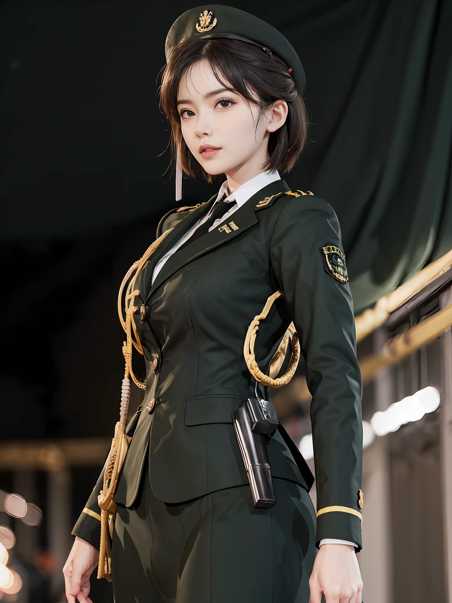 Very detailed CG unity 8K wallpaper，（tmasterpiece），（best qualtiy），（ultra - detailed），（Ultra photo realsisim），（best character detail：1.36），Nikon D750 f / 1.4 55mm，profesional lighting， physically-based renderingt, 1girll, Female soldier，army suit，Dark green military uniform，Fabric texture military uniform，Pure white lining，Dark green tie，Black hair，the golden ratio,[:(com rosto detalhado:1.2):0.2]:,PureErosFace_V1, broad shoulder,(Bigchest:1.5),(big assa:1.5)，Soaked with sweat，red flags，In the square，Splendid scenery，bright sun，upper body photos，Place your hands on your chest，  Small flags，Flag of China，Night Street，lighting，Contre-Jour，Bright smile，White teeth，