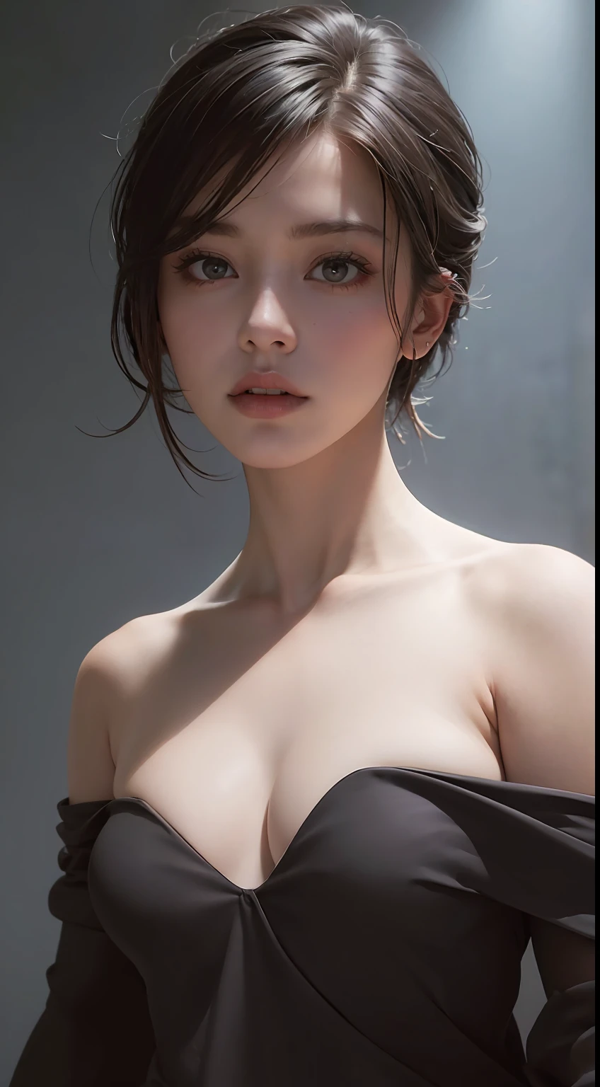 Best quality, masterpiece, ultra high res, (photorealistic:1.5), raw photo, 1girl, offshoulder, in the dark, deep shadow, low key, cold light, sexy look, short hair