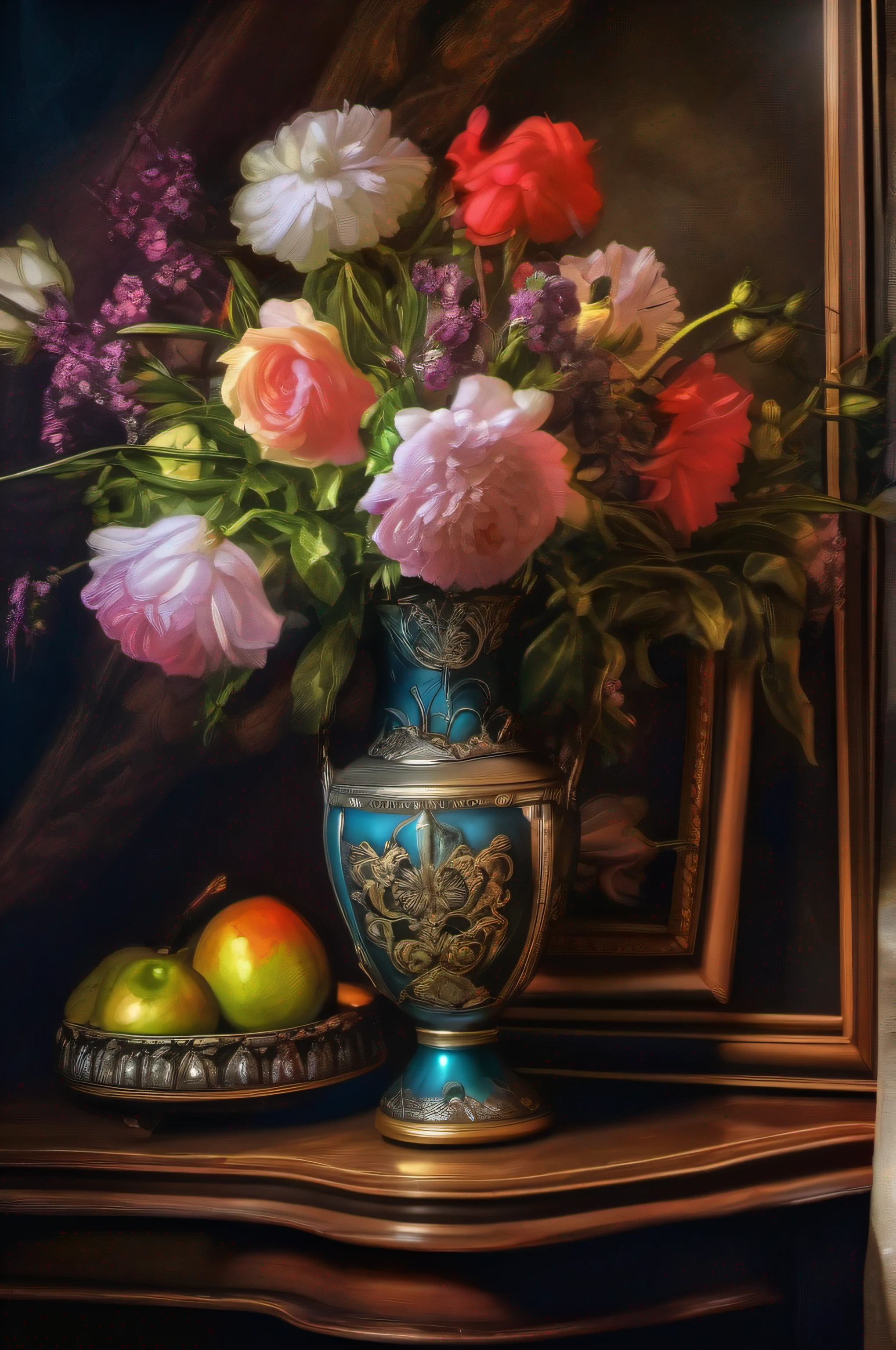 framed picture of oil painting still life with flowers in vase, historical jewelry, in the historical interior environment, darkened room, cinematic lighting, contrast lighting, raw --v 5.2
