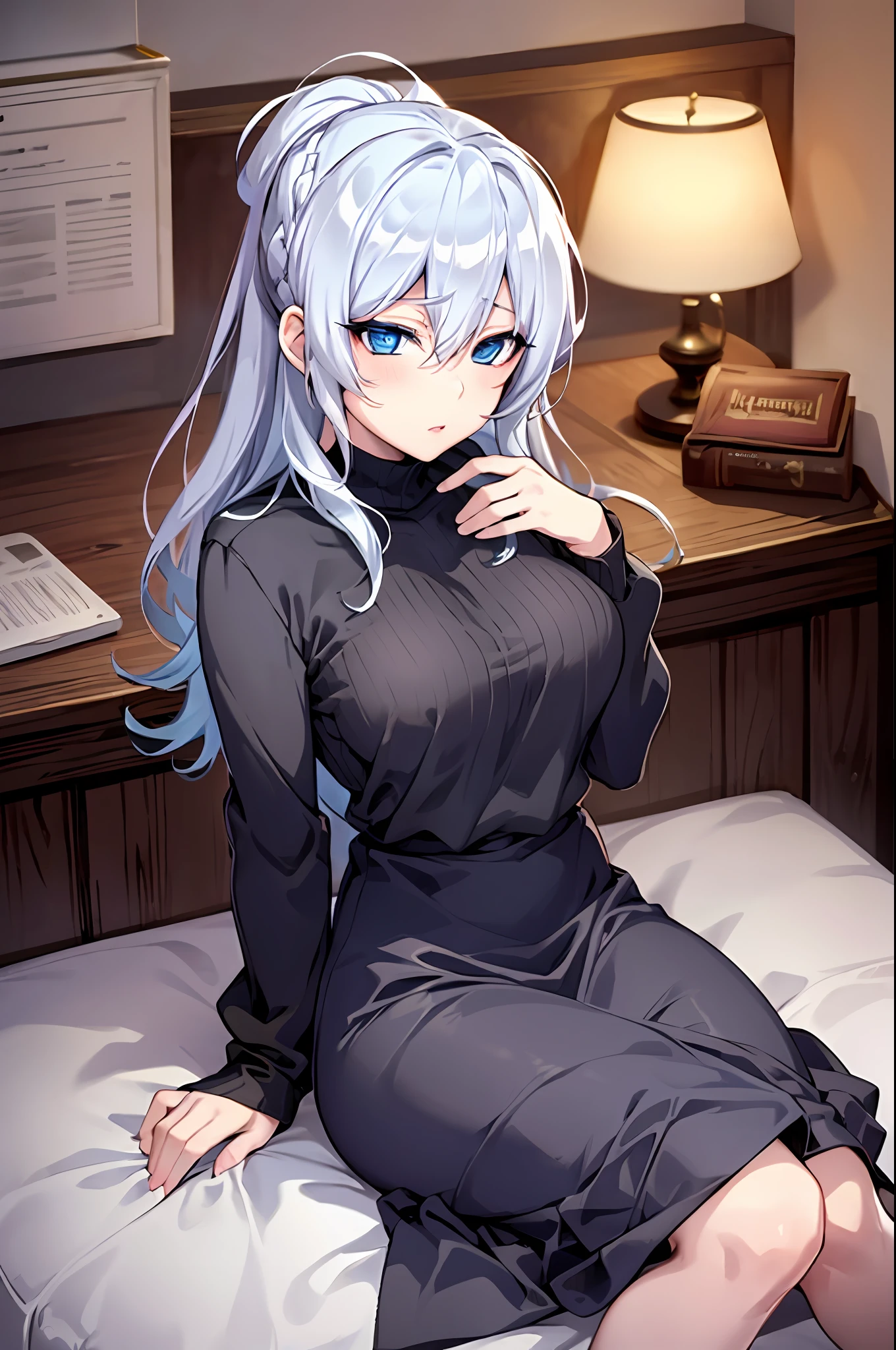 Yukino, sitting on a bed with her legs crossed, seductive anime girl, silver hair and blue eyes, attractive anime girl, cute anime girl, anime girl, sitting on her bed, (anime girl), anime best girl, sitting on a bed, sitting on the bed, an anime girl, pretty anime girl