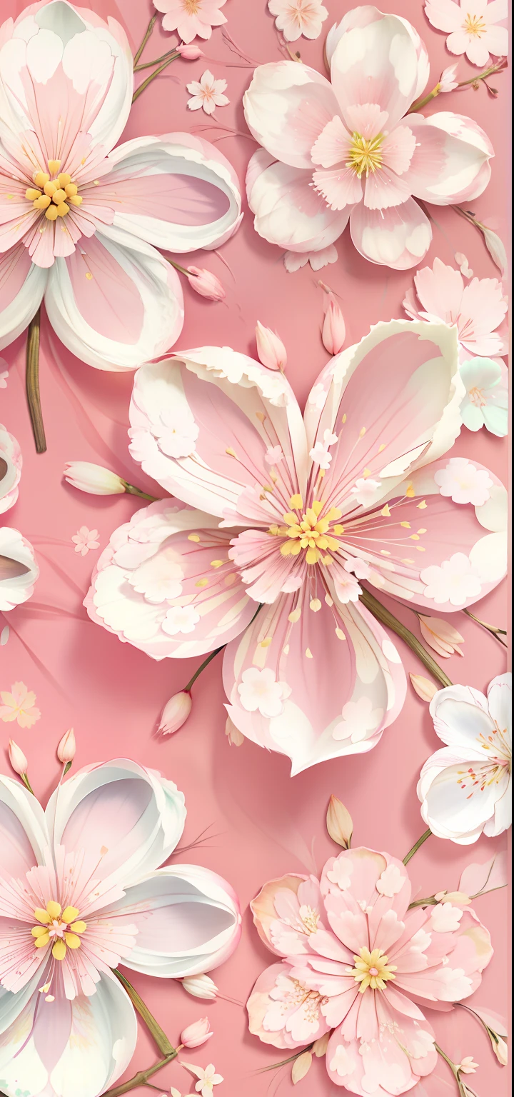 There are many flowers on pink background, OilPaintStyle，flowery wallpaper, falling cherry blossom pedals, flower, falling cherry blossoms pedals, pastel flowery background, Pink petals, Cherry blossom petal, Sakura flower, sparkling petals, pink flower, flowing sakura silk, sakura bloomimg, cherry blossom, wallpaper design, sakura, Sakura Kinomoto, blossoms, opulent