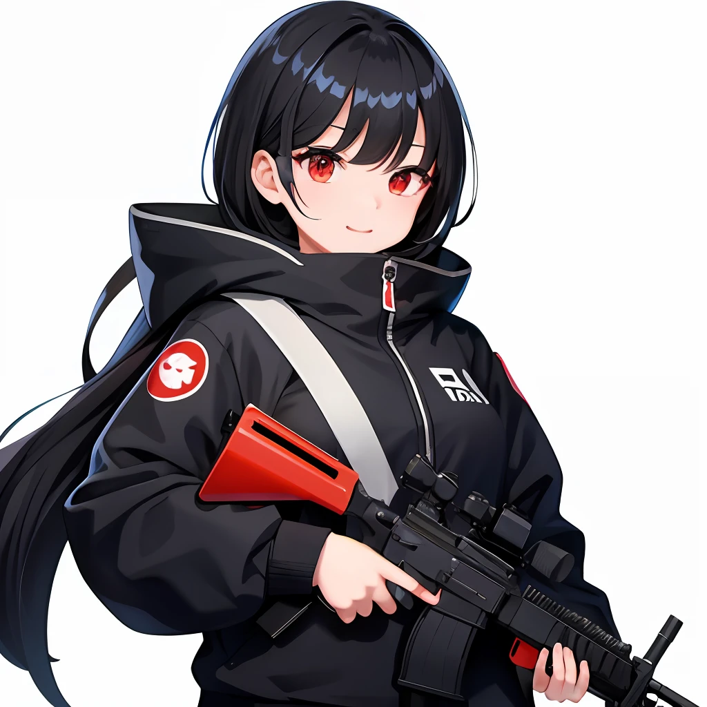 a 1girl, 独奏, (twitch emoji:1), chibi, black hair, red-eyes, in the hands of Ak-47, ssmile, upper-body, animated film, whitebackground, sticker of a, thick black outlines,
