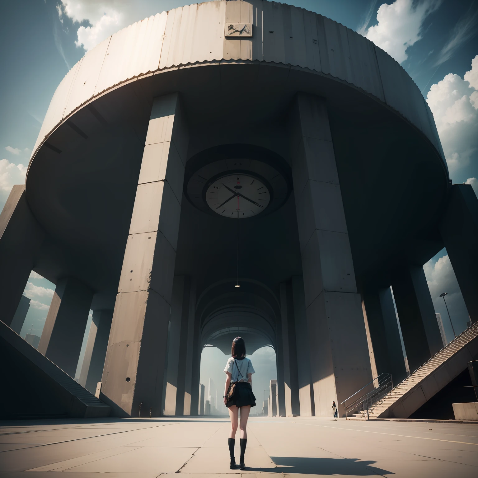 Highest image quality,A high resolution,Postmodern,A girl stands under a huge watch,nihilism,Artistically