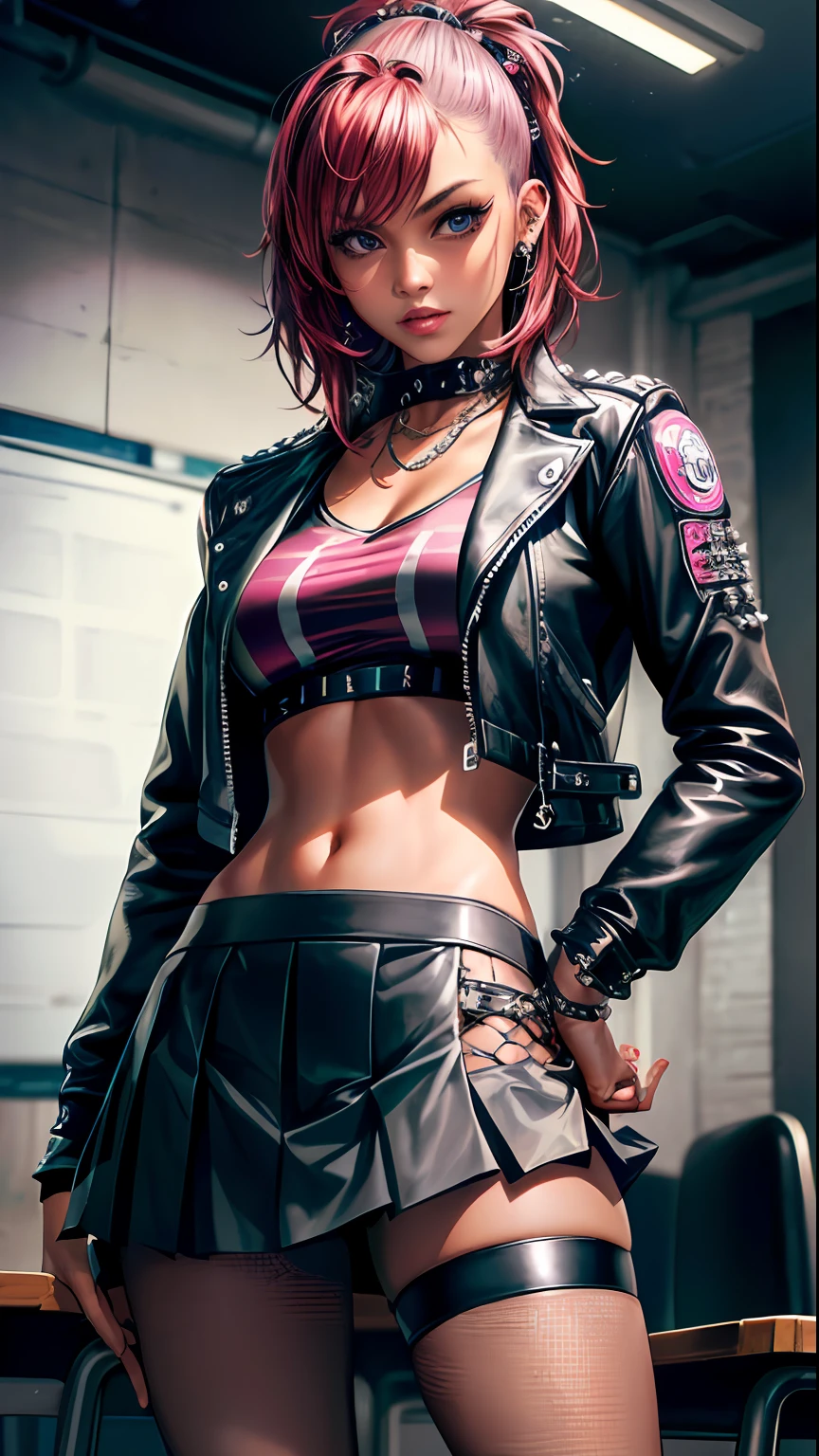 ((Best quality)), ((masterpiece)), (highly detailed:1.3), (photorealistic:1.4) 1girl, tanned skin, beautiful (punk:1.3), classroom, leather jacket, medium hair with fade, gyaru, cropped top, cyberpunk, pleated skirt , pantyhose, fishnets