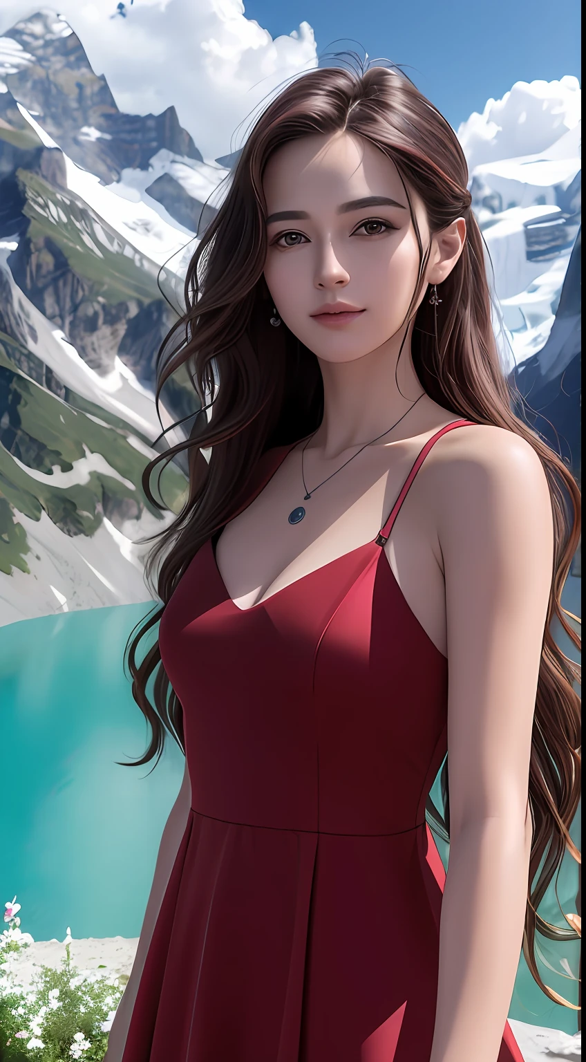 masterpiece,ultra realistic,32k,extremely detailed CG unity 8k wallpaper, best quality,
The Swiss Alps, Switzerland, ( Dark red A-line dress ) ,((spring day )), Beachy waves with a side part ,eardrop,lady ,necklace,