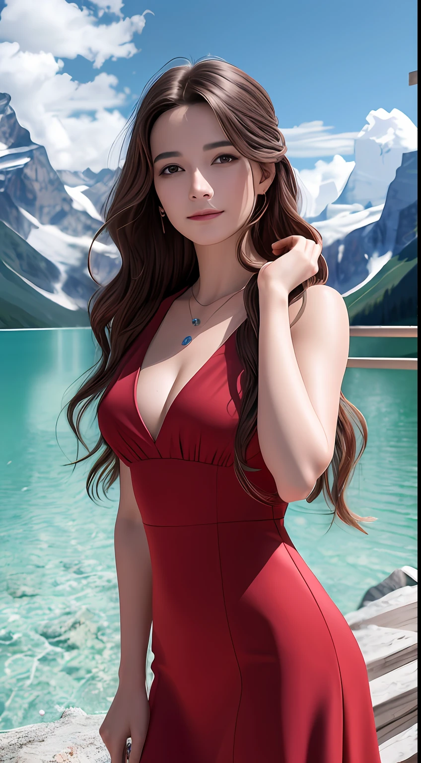 masterpiece,ultra realistic,32k,extremely detailed CG unity 8k wallpaper, best quality,
The Swiss Alps, Switzerland, ( Dark red A-line dress ) ,((spring day )), Beachy waves with a side part ,eardrop,lady ,necklace,