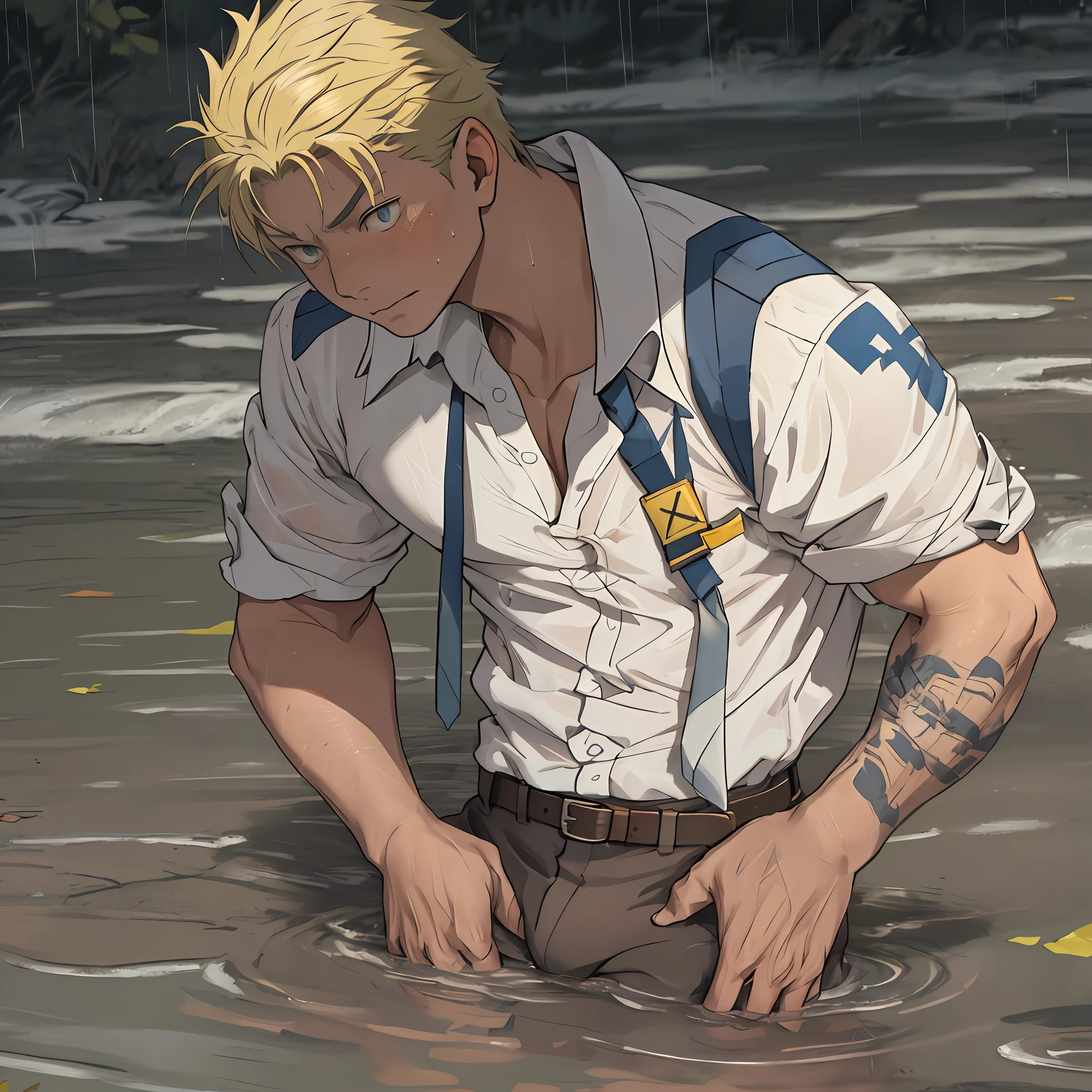 (1 Adult male),A high resolution, Sharp focus, Pixiv masterpiece, ((Complicated details)), highly detailed, natsuki_subaru, 1 man,Lying in the mud, Lazy,full bodyesbian, blue color eyes(eyes glowing), Short yellow hair,white shirt,Wear a tie,Wear a belt,perspire,rain,Drenched,Sweaty crotch,look from down