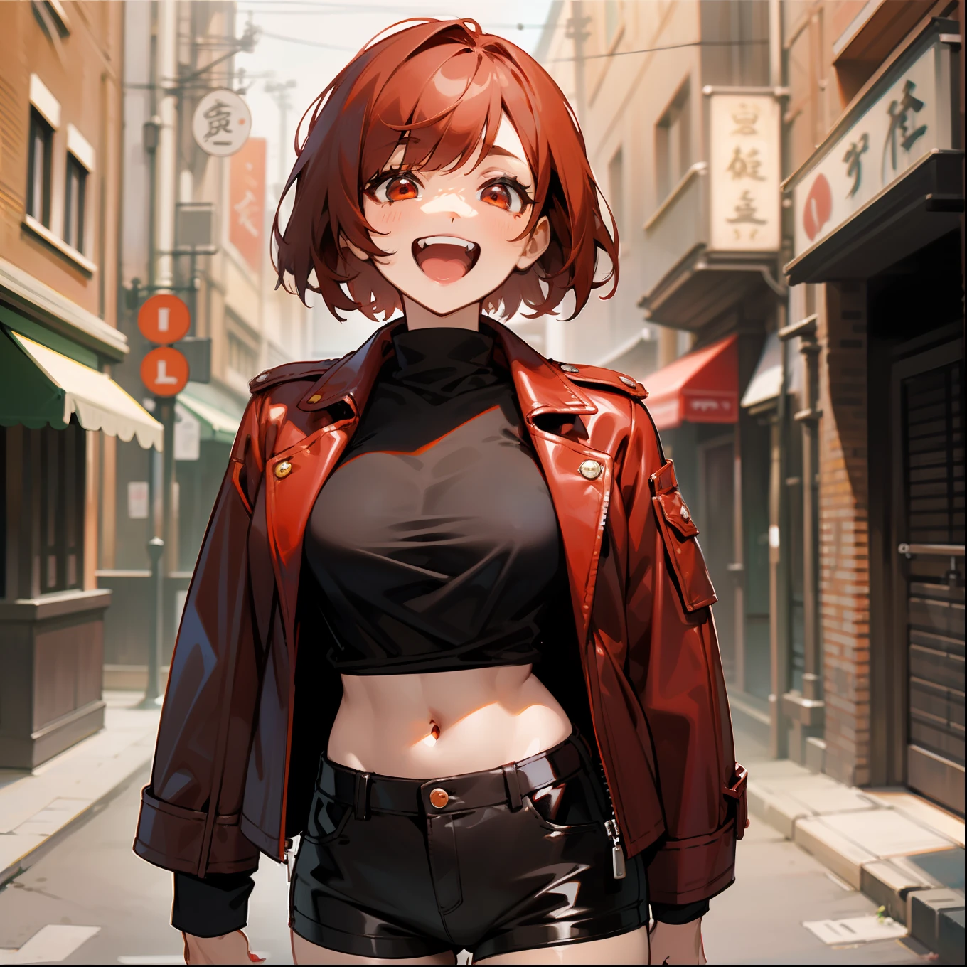 "(独奏、 big laugh、Woman in red leather jacket、Woman with red and brown hair cut short、Red-eyed woman、Black navel exposed turtleneck T-shirt、Black Hot Pants)"