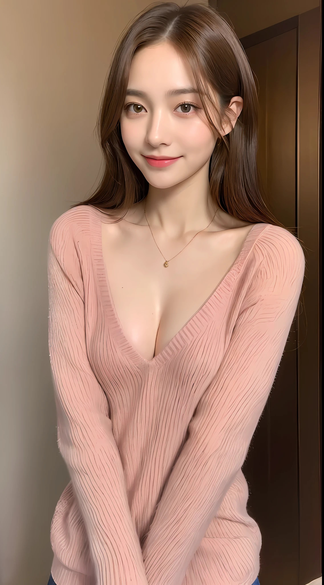 ((Night, Realistic Light, Best Quality, 8K, Masterpiece: 1.3)), 1girl, Slim Beauty: 1.4, Abs: 1.1, (Brown hair, Medium breasts: 1.3), Long pink sweater: 1.1, Bathroom, Super fine face, Delicate eyes, Double eyelids, smile, necklace