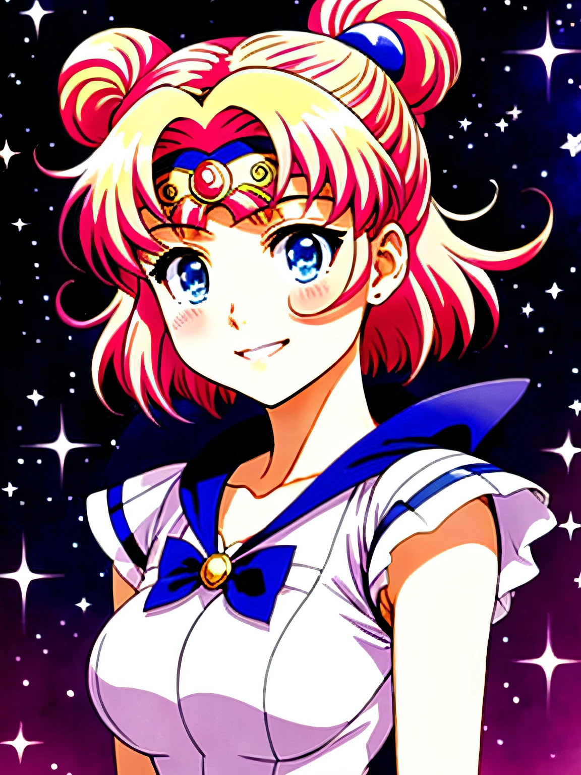 Super detailed portrait of smiling Sailor Moon one person、Color Digital Painting、A highly detailed、Digital Painting、art  stations、Convoluted、Sharp focus、Warm lighting、enticing、hightquality、​masterpiece、Award-winning art、Art by Yoshitaka Amano and Brian Froud、Trending on ArtStation、Trending in deviantart、anime keyvisual、Anime Coloring、(anime screen cap:1.2)、(Graphic Novel)、(anime styled:1.3)、Trending in CGSociety、huge tit
