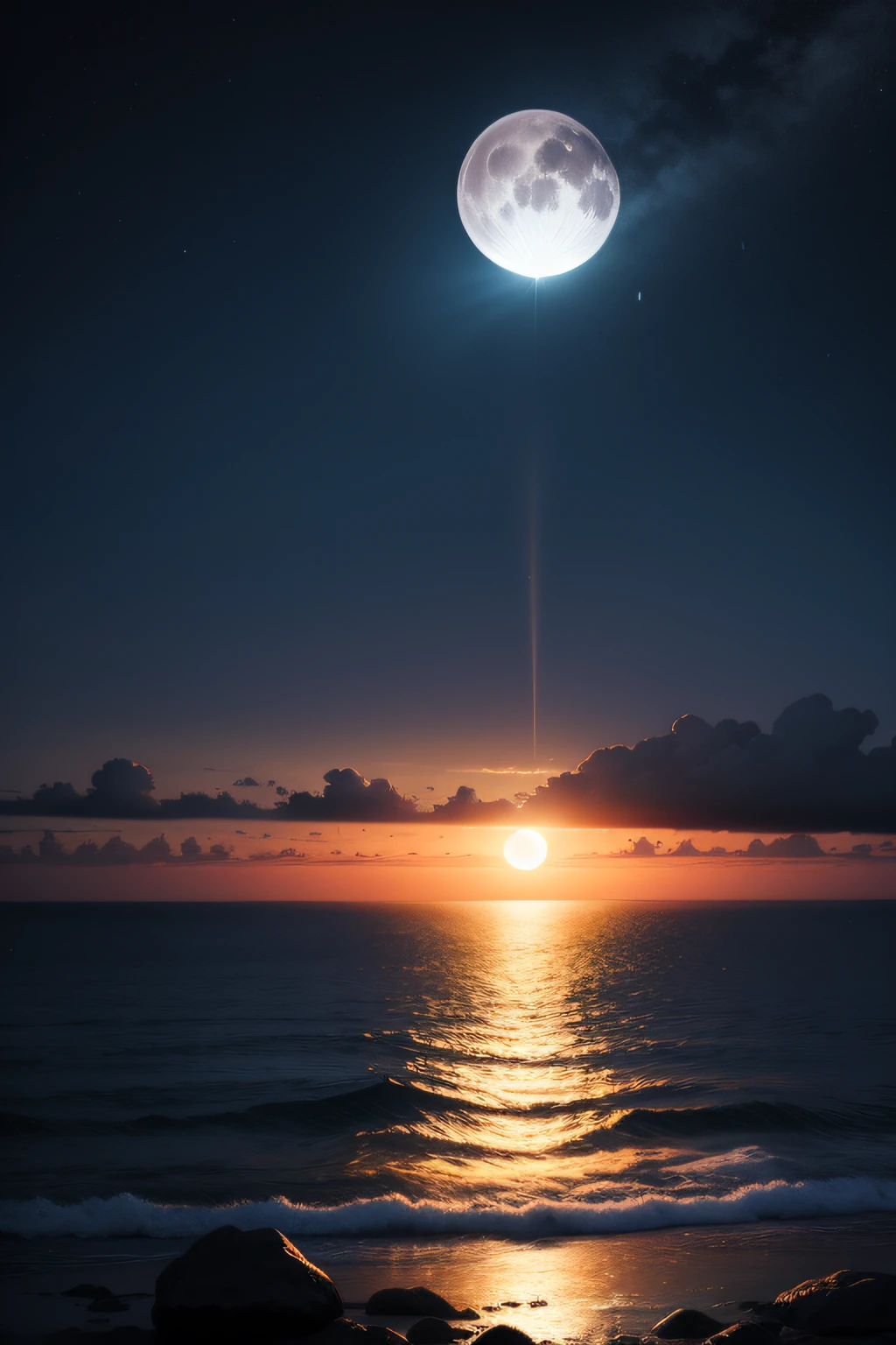 the night，In the dark sky, two full moons shone on the empty and quiet sea，On the sea，Water vapor，It's like a dream