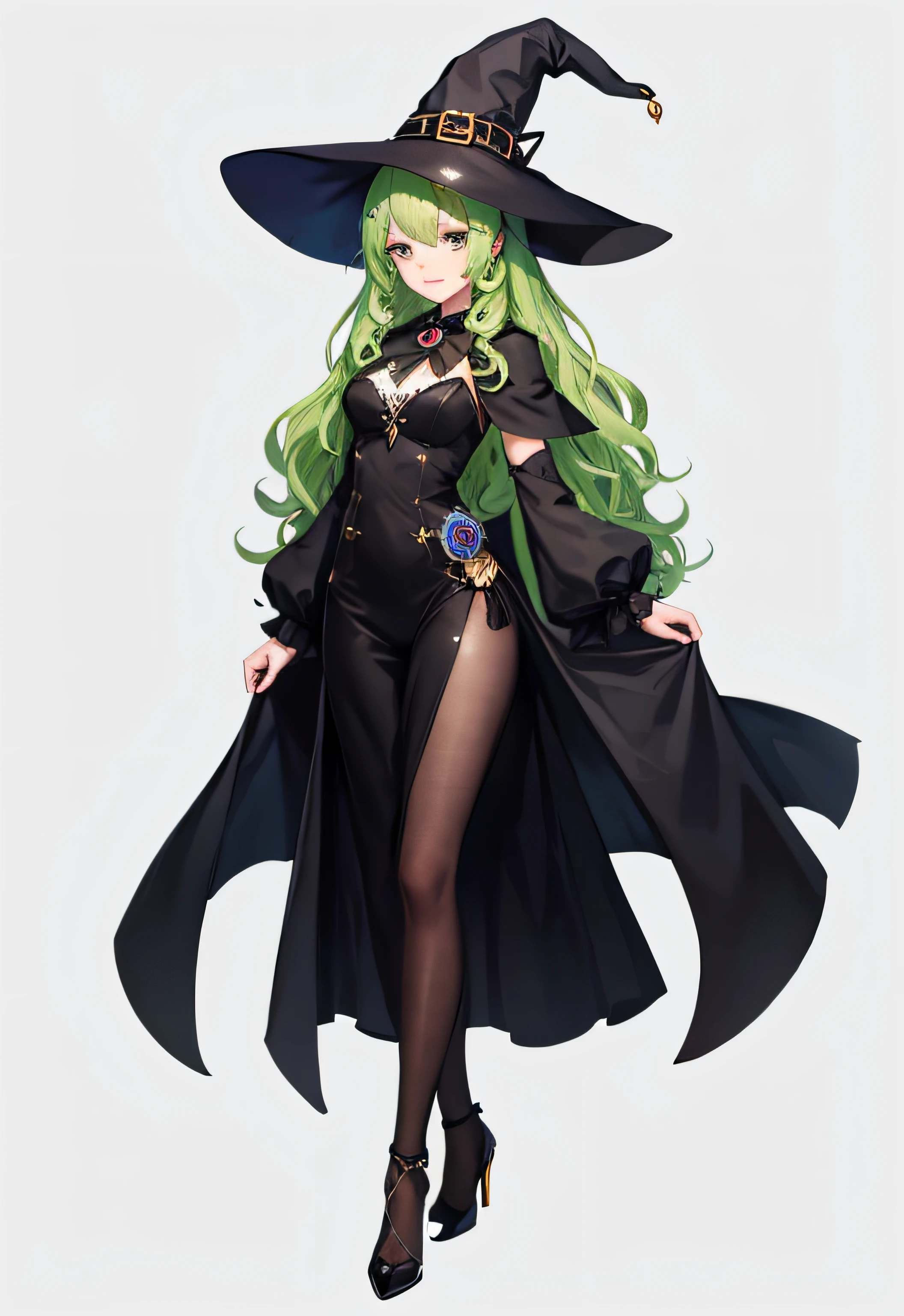 vtubermodel , 1girl , green wavy hair , witch hat , white background , full body