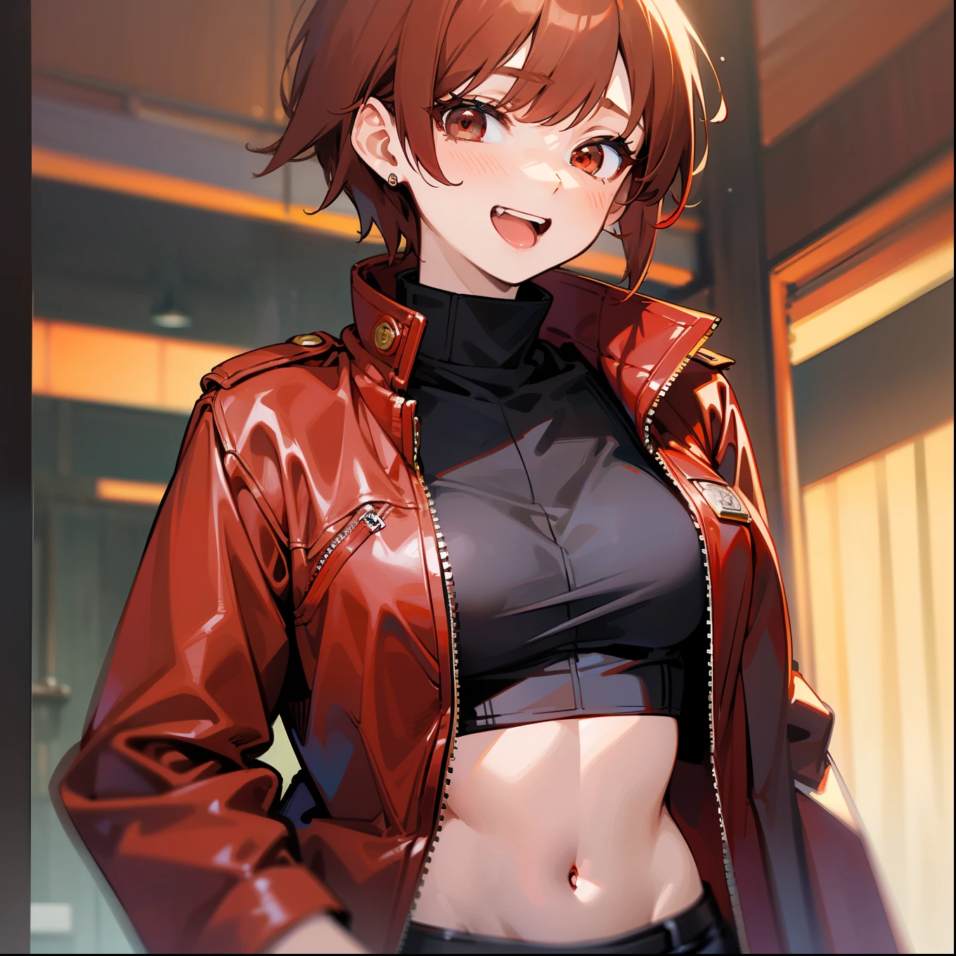 "(独奏、burst out laughing、Woman in red leather jacket、Woman with red and brown hair cut short、Red-eyed woman、Black navel exposed turtleneck T-shirt、Black Hot Pants)"