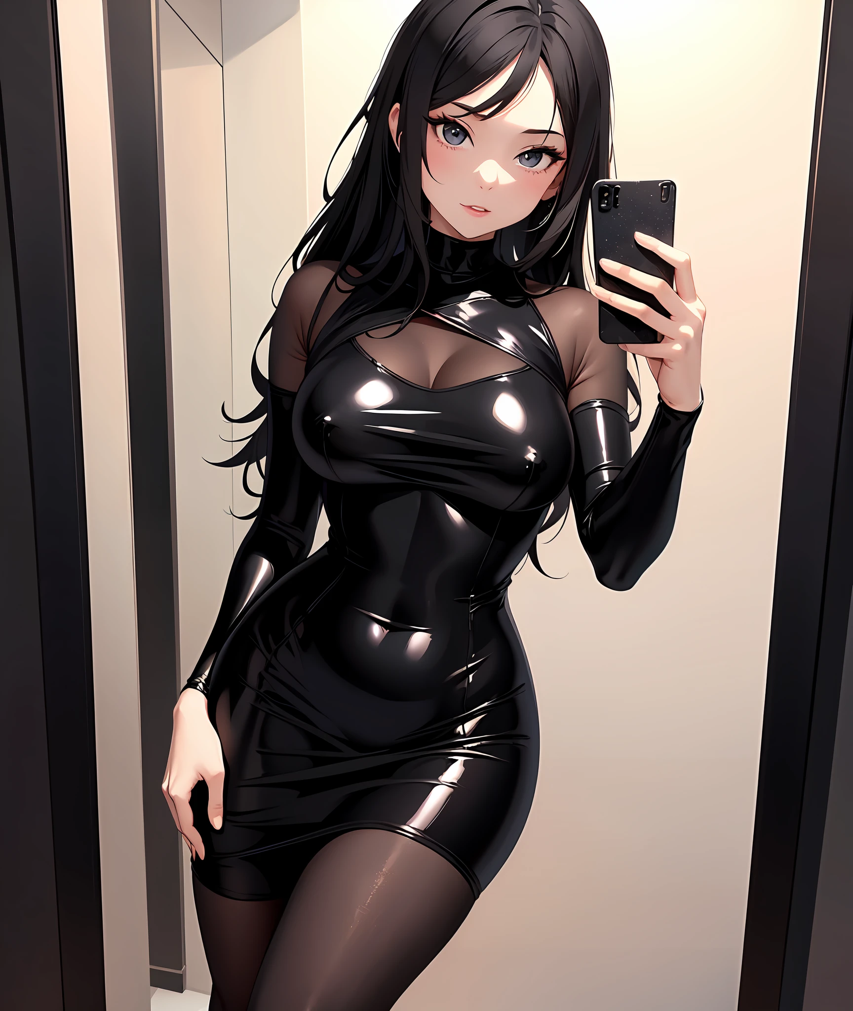 (masterpiece, best quality), ((1girl, solo)) 1 girl in a tight black dress taking a selfie in a mirror, sexy dress, very sexy outfit, wearing a tight black dress, sexy outfit, see through dress, she is wearing a black dress, tight dress, succubus in tight short dress, short dress, sexy look, skintight dress, wearing in stocking, skintight black clothes, tight attire