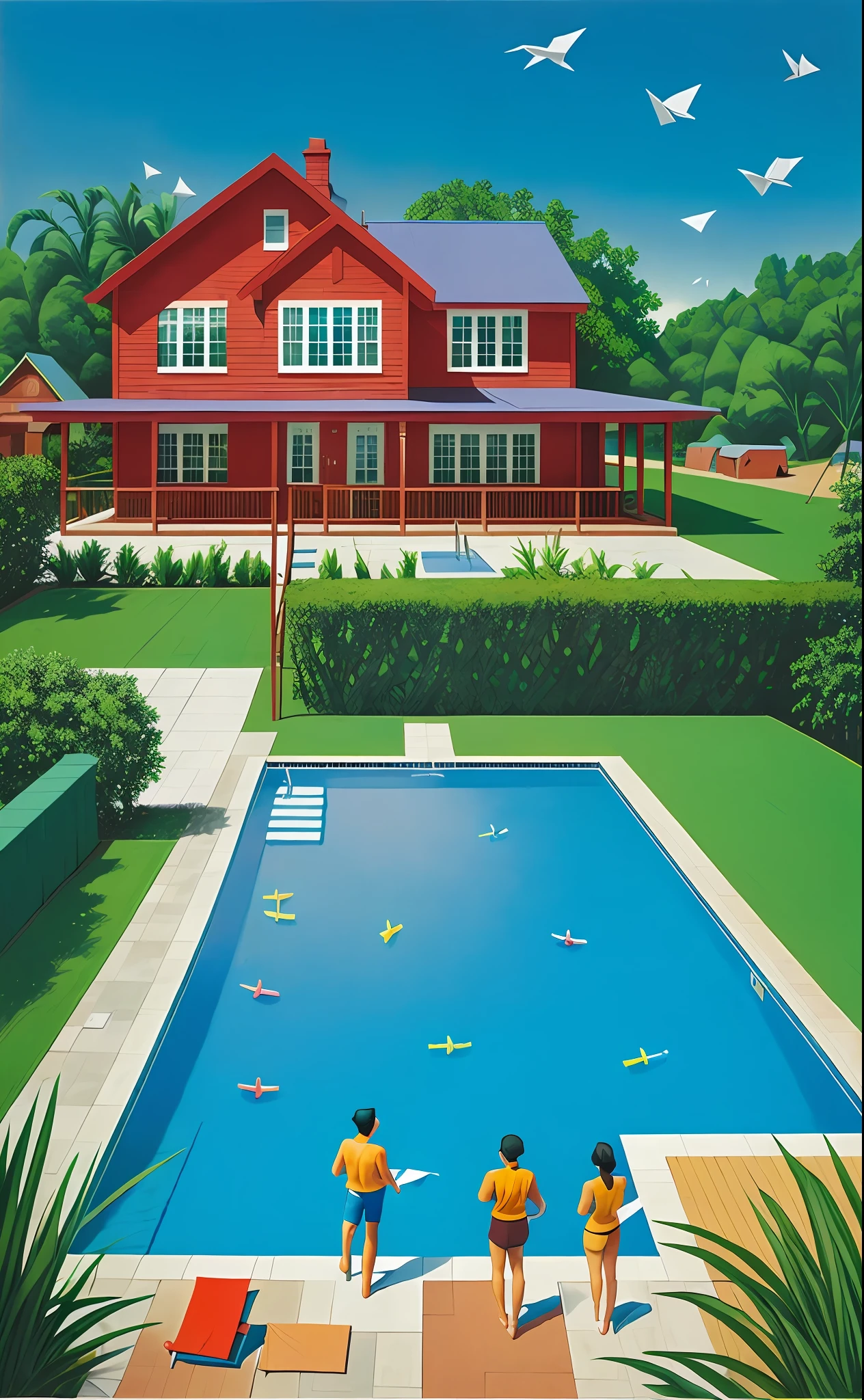 painting of a pool with origami people swimming in it and a house in the background, by Stevan Dohanos, happy colors. rob gonsalves, inspired by John Philip Falter, inspired by David Inshaw, inspired by Robert Ballagh, inspired by Archibald Motley, by David Inshaw, inspired by Stevan Dohanos