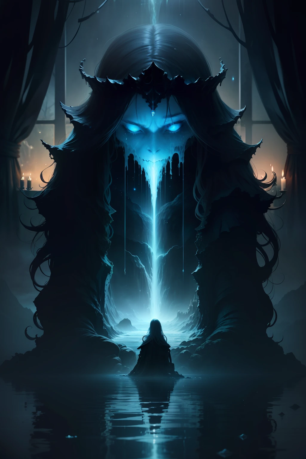 august,ocean floor,abyssal,Ogre,The starlight is clear,A weeping woman prays to the monster,photorealestic