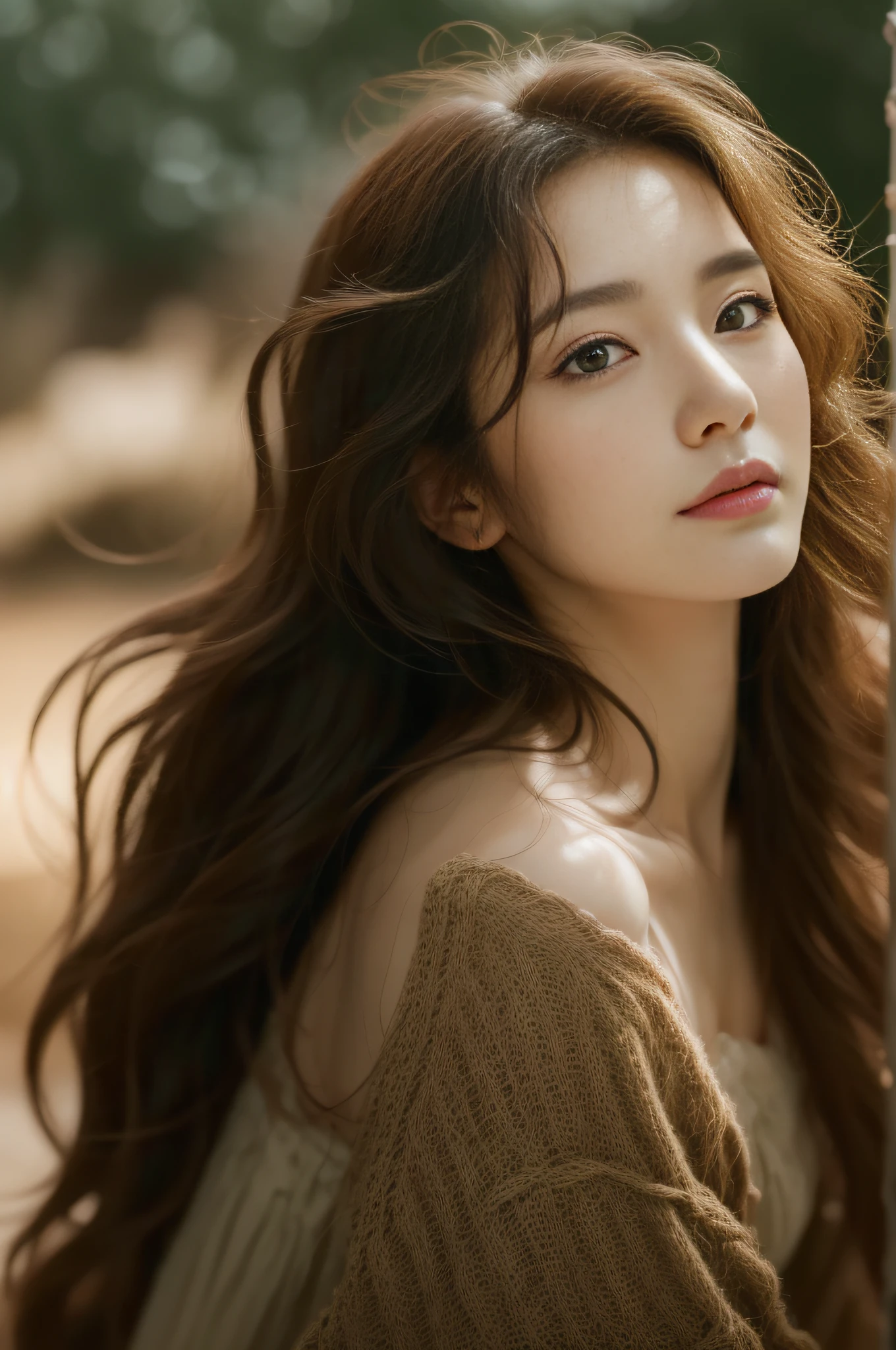 Korean Actress, 1girls, bare shoulder, Long hair wavy shoulders, calm, tranquil, (Eyes with realistic details, Natural textures, Realistic face details), Breathtaking light, soft., deep depth of field, bokeh, vibrant details, exquisitely detailed, hyperrealistic