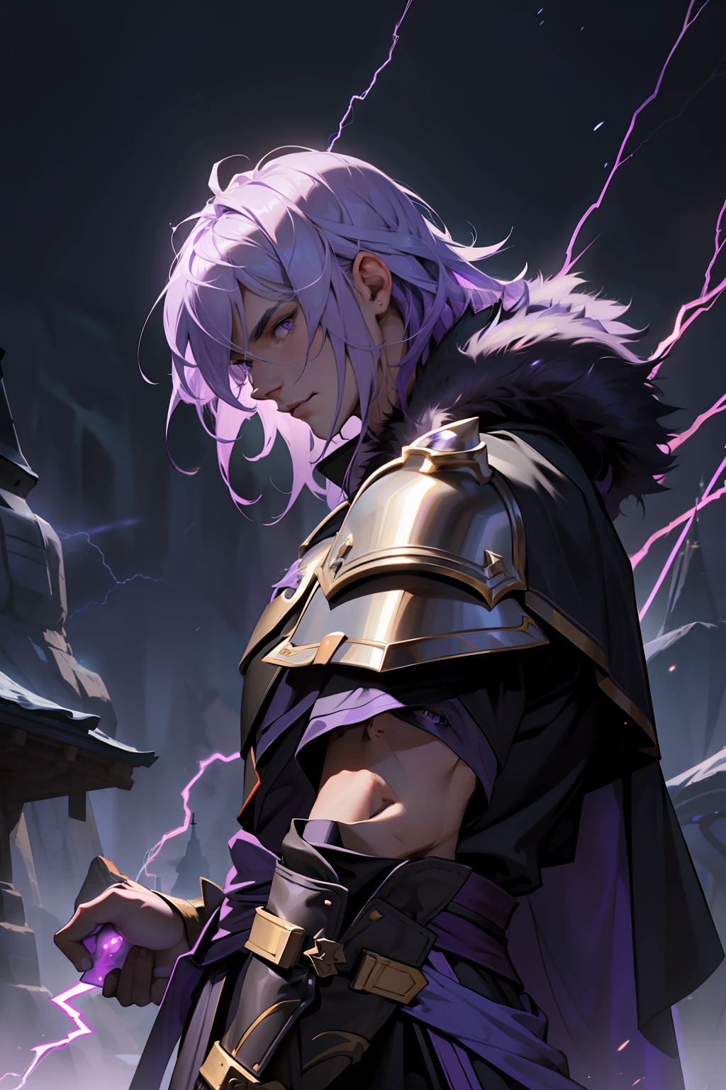 The facial features are clear and three-dimensional,Masterpiece,Highest quality,Handsome male guy,Purple colored hair,Wearing purple armor,Animal fur coat with black cape,holy paladin,European knights,medieval times,raiden,golden majical lightning,Use lightning,Launch lightning,Lightning bolts emerge,Raiden Mage,depth of fields,Side face