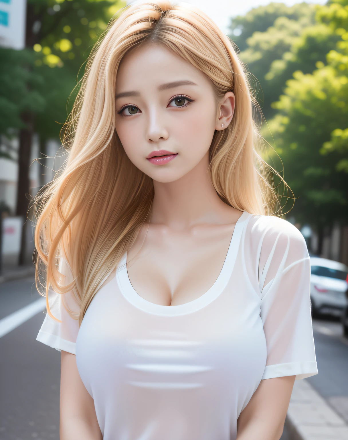 (1girl), huge breasts:1.37, breasts, tan, dewy skin, sweaty skin, wavy blonde hair, punk tshirt, punk girl:1.37, Taiwan actress face, beautiful face, bitch:1.37,