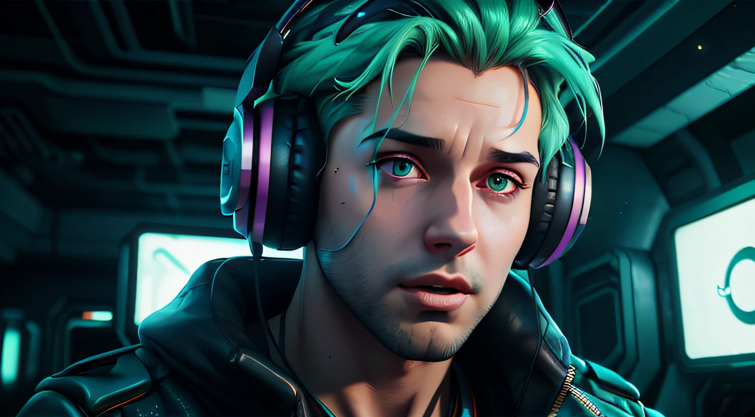 Beautiful boy 35 years old surprising looking, revelation face, wearing headphones, animated, trending on artstation, background universe green, background universe green, cyberpunk green, cyberpunk, official art, artstation, digital illustration stylized video game icon, hyper detailed, digital art, cinematic lighting, studio quality, style anime, disny style art 4k pixel