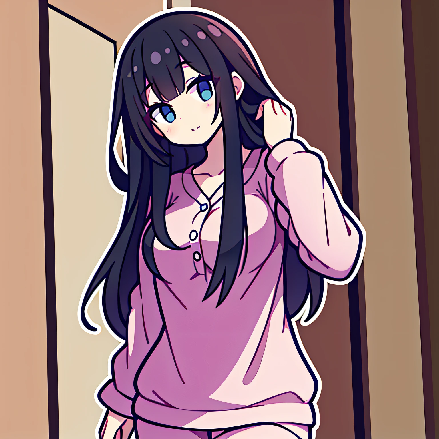 a pregirl，black hair longhair，Wear casual pajamas